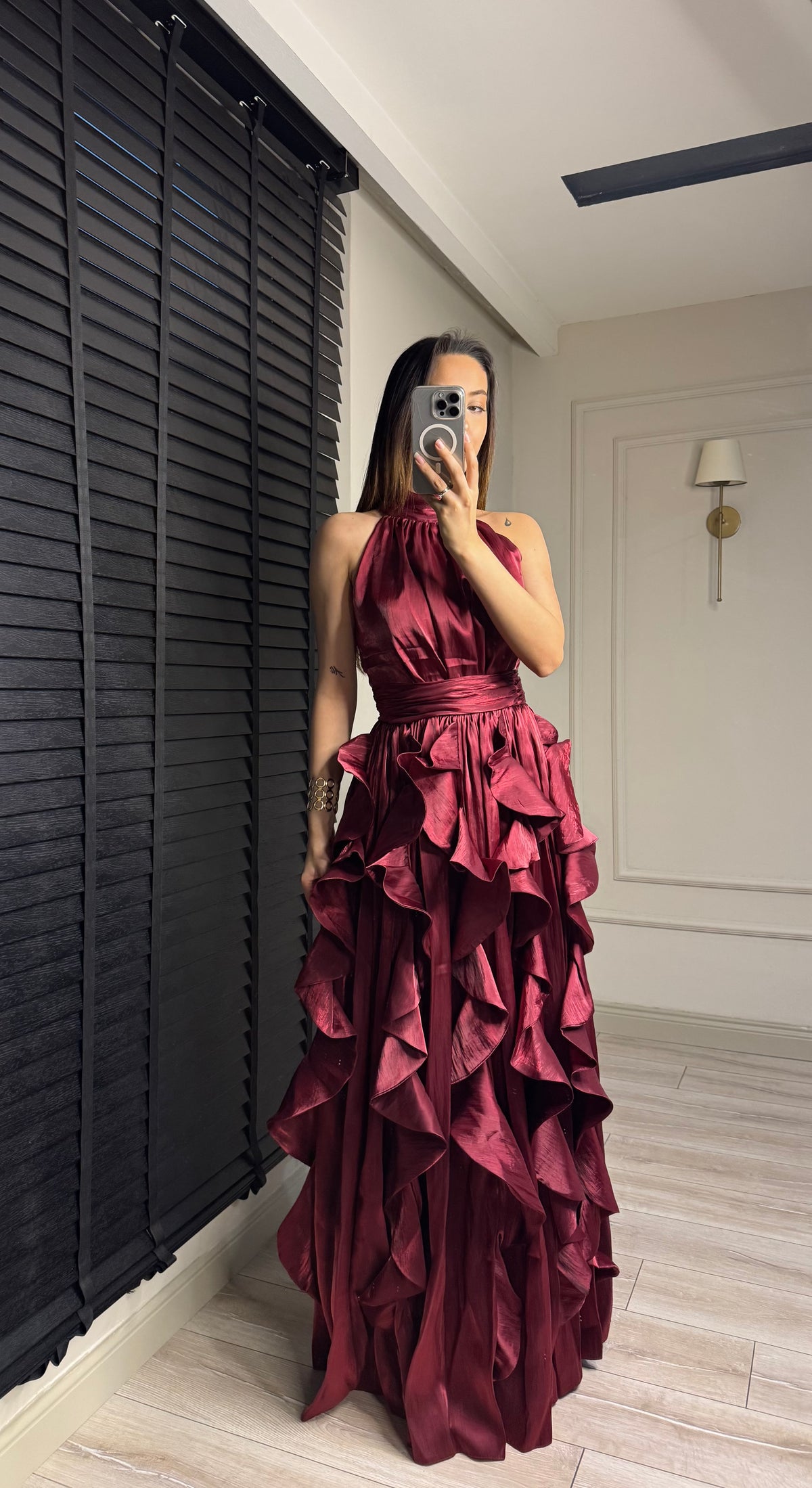Halter Yaka Volanlı Vordia Abiye Bordo