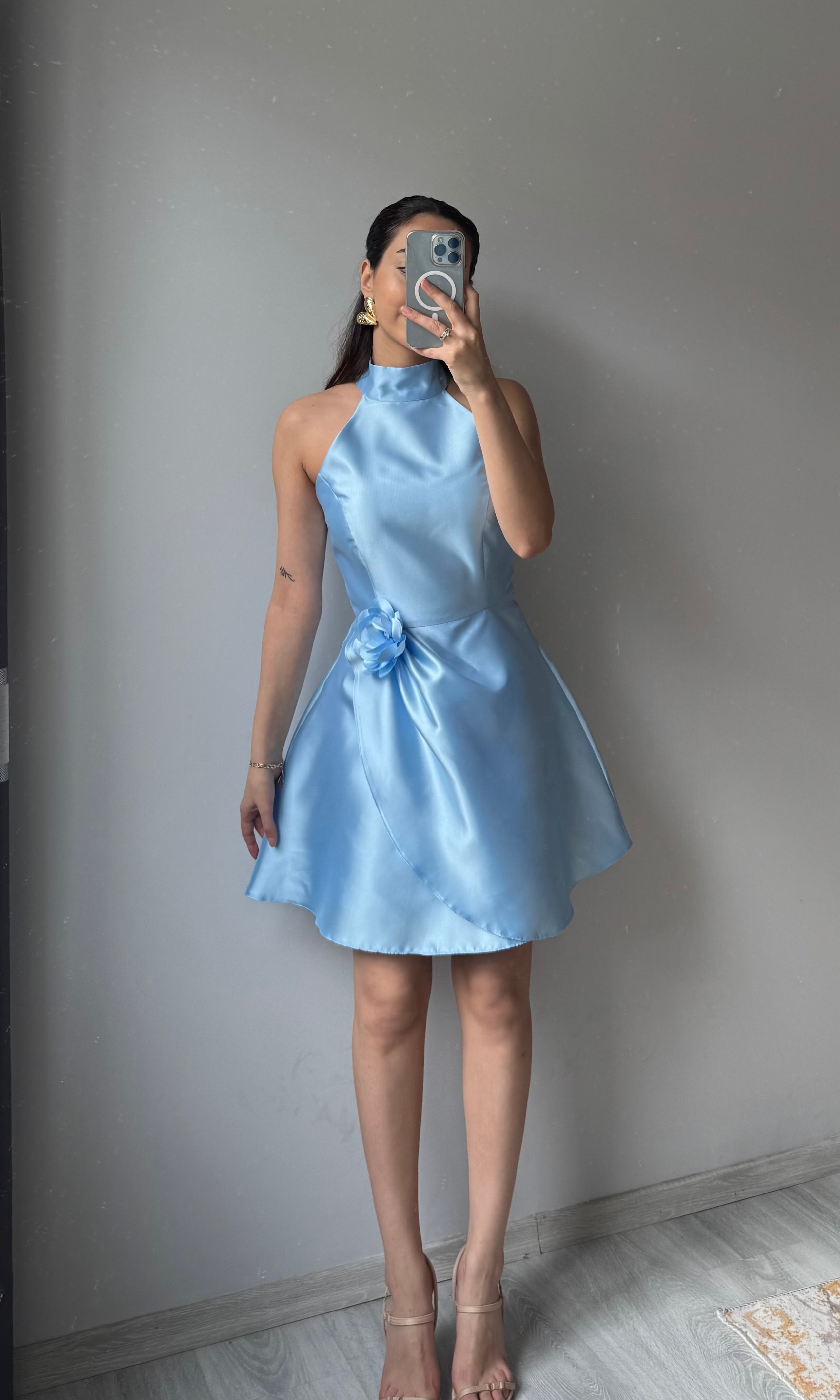 Gül Detaylı Saten Elbise - BEBE MAVİSİ
