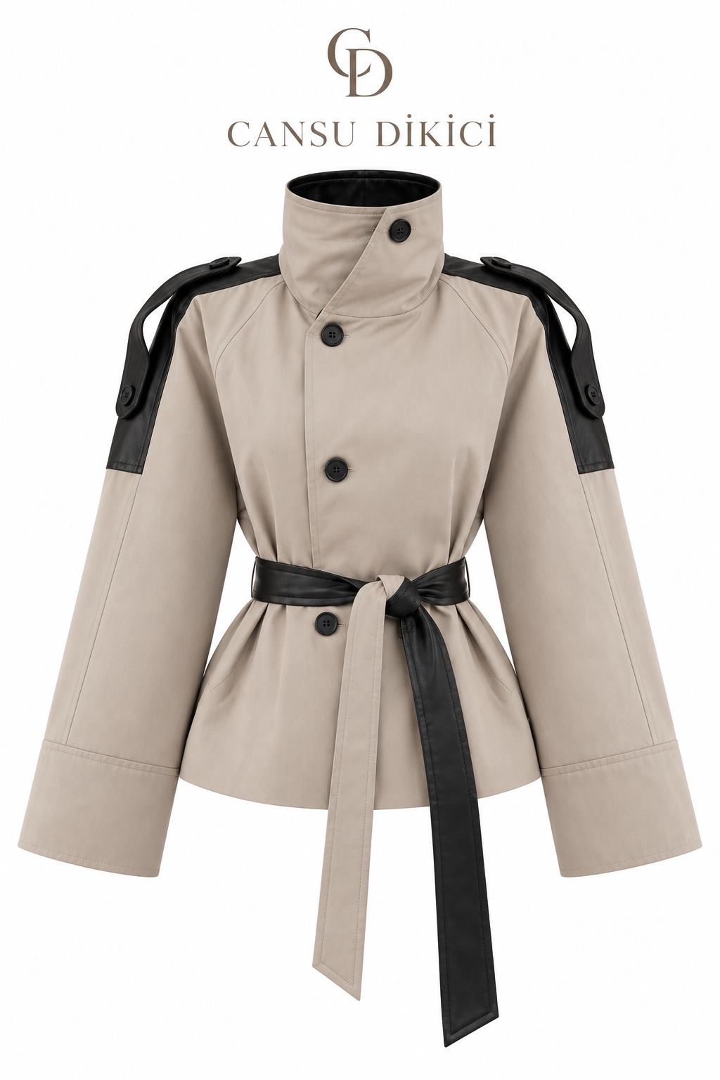Deri Detaylı Kısa Premium Trench