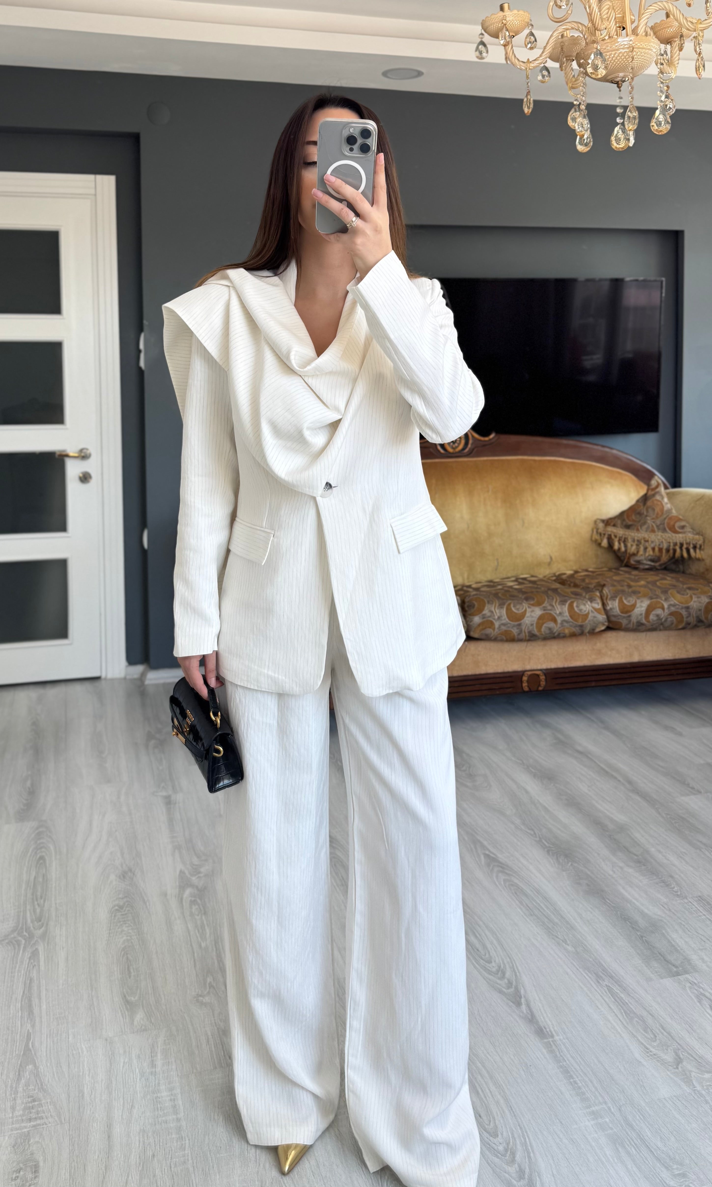 Çizgili Şal Detaylı Blazer Pantolon Takım Premium Kalite - BEYAZ