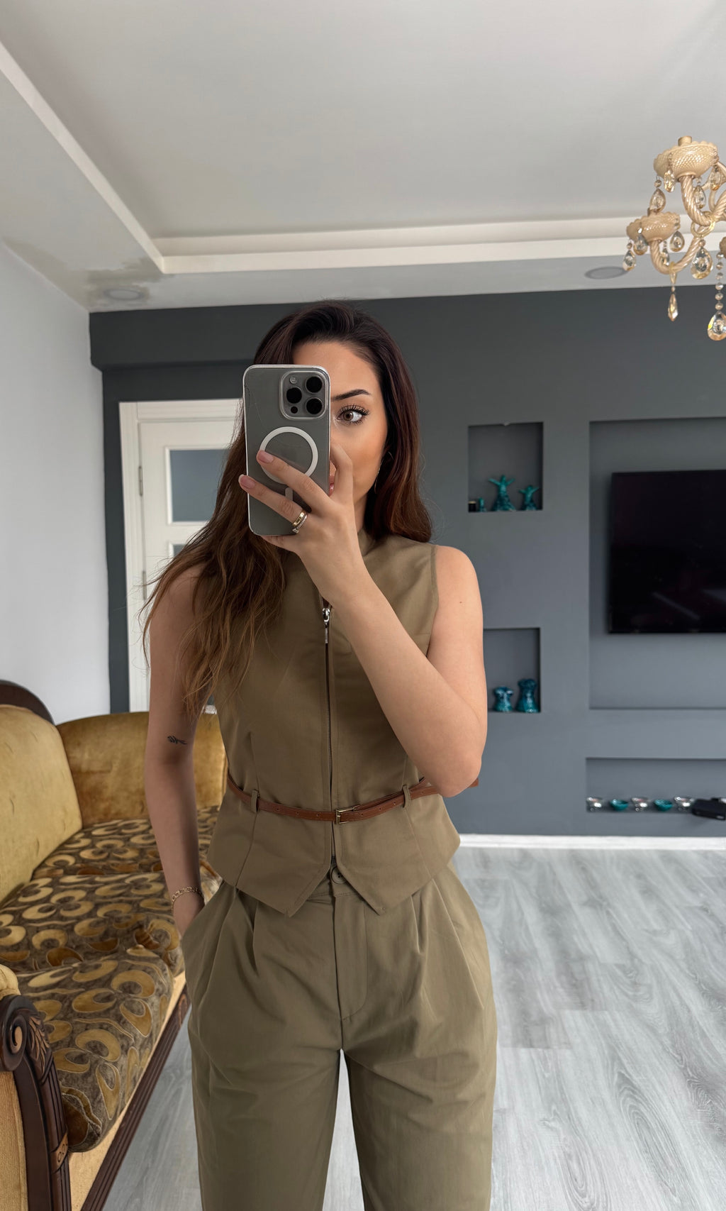 Haki Kemerli Yelekli Pantolon Takım