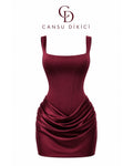 Bella Drapeli Saten Mini Elbise - BORDO
