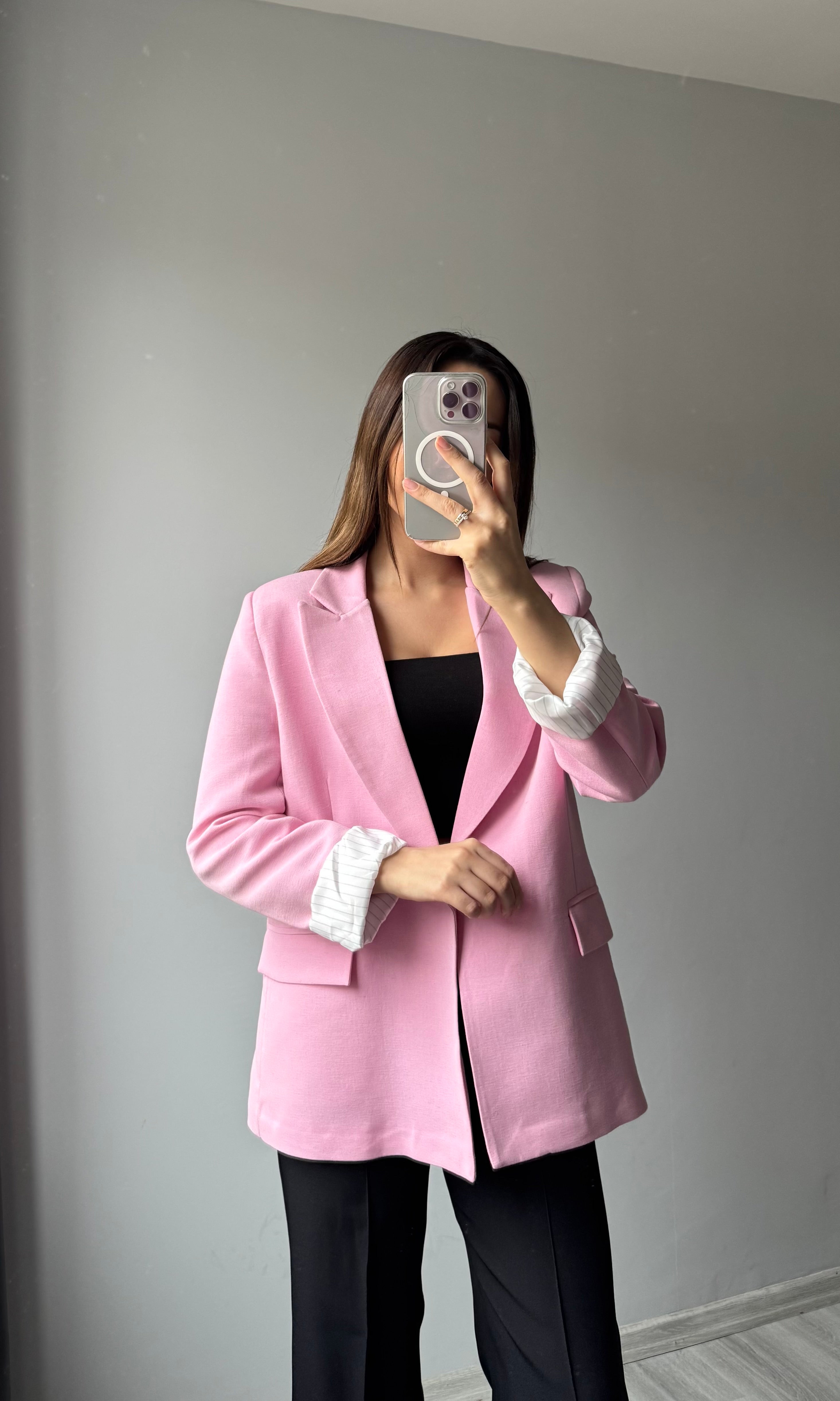 Keten Blazer Ceket - Pembe
