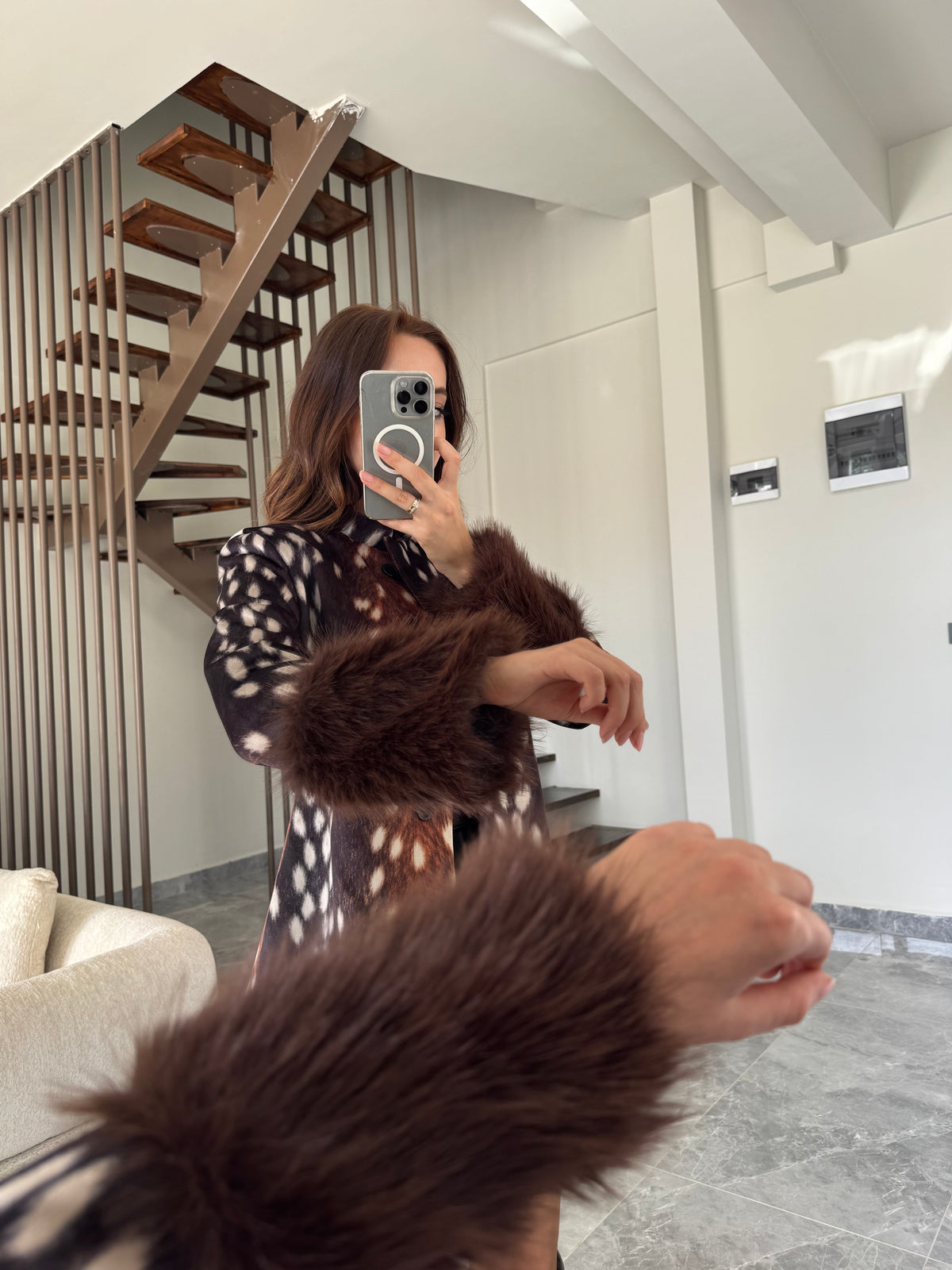 Dik Yaka Kolu Kürklü Bambi Ceket