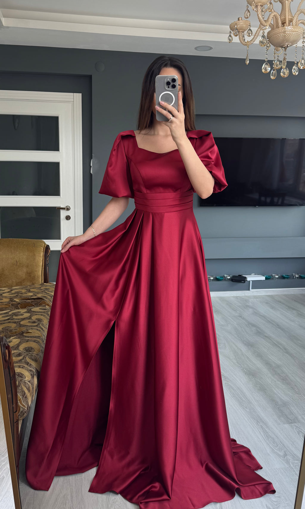 Balon Kol Saten Uzun Abiye - BORDO