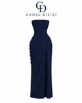 Sırtı Korseli Komple Drape Detaylı Yırtmaçlı Diva Dress Abiye - LACİVERT