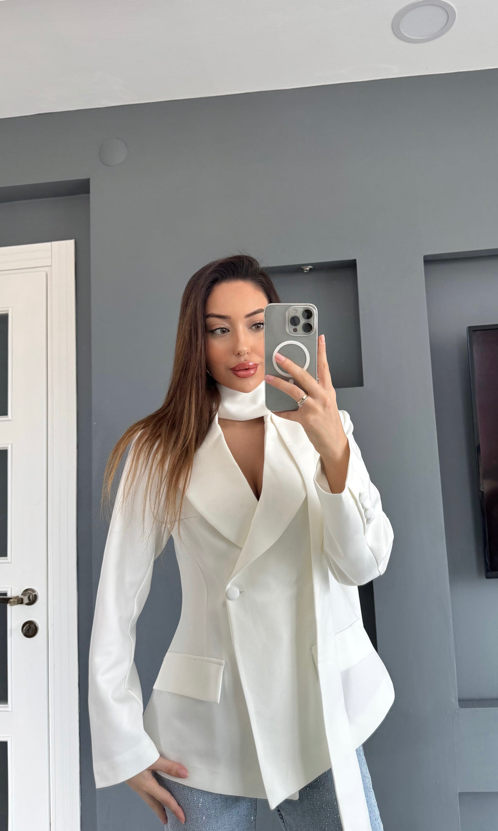 Şallı Belden Oturtmalı Blazer Ceket - Beyaz