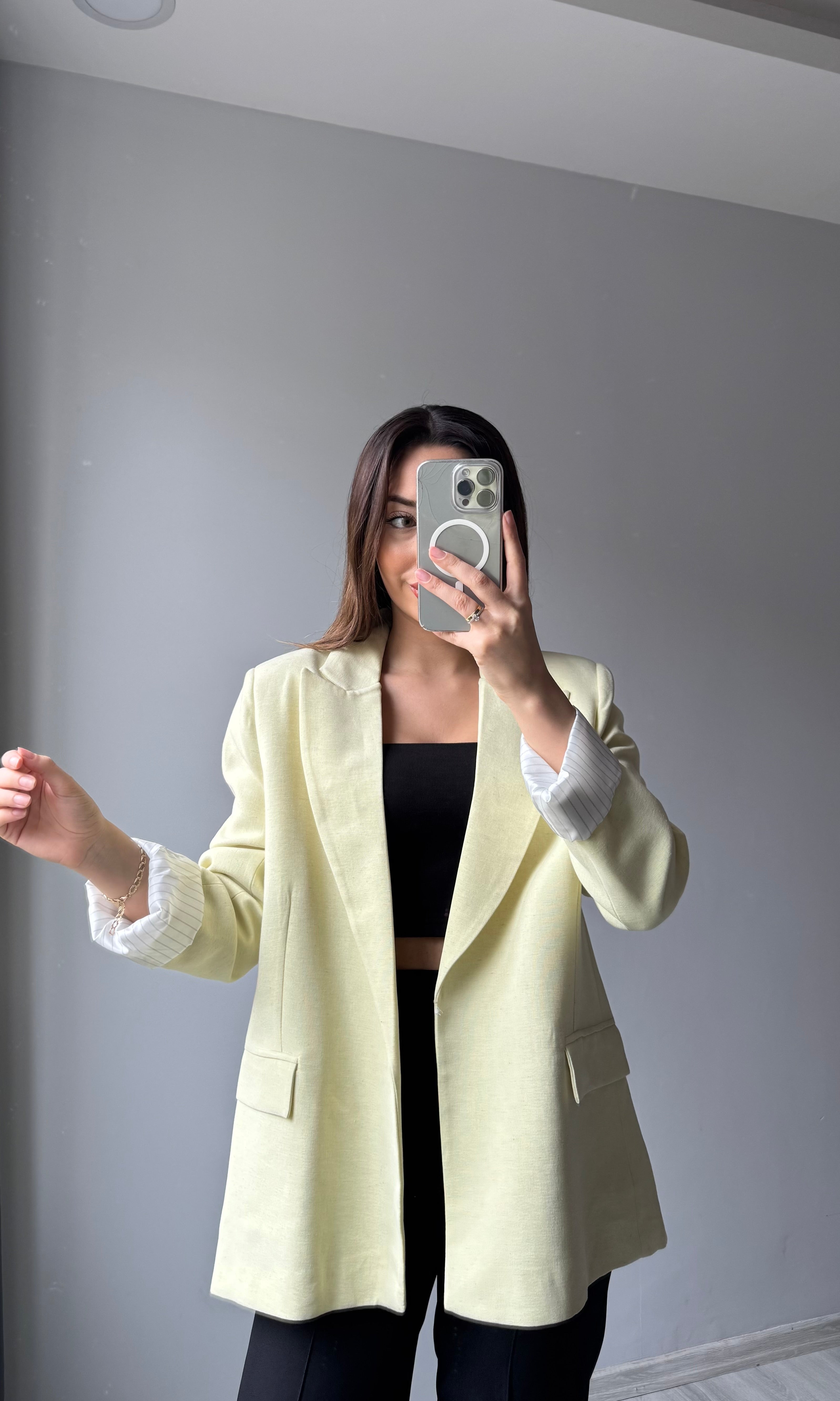 Keten Blazer Ceket - Sarı