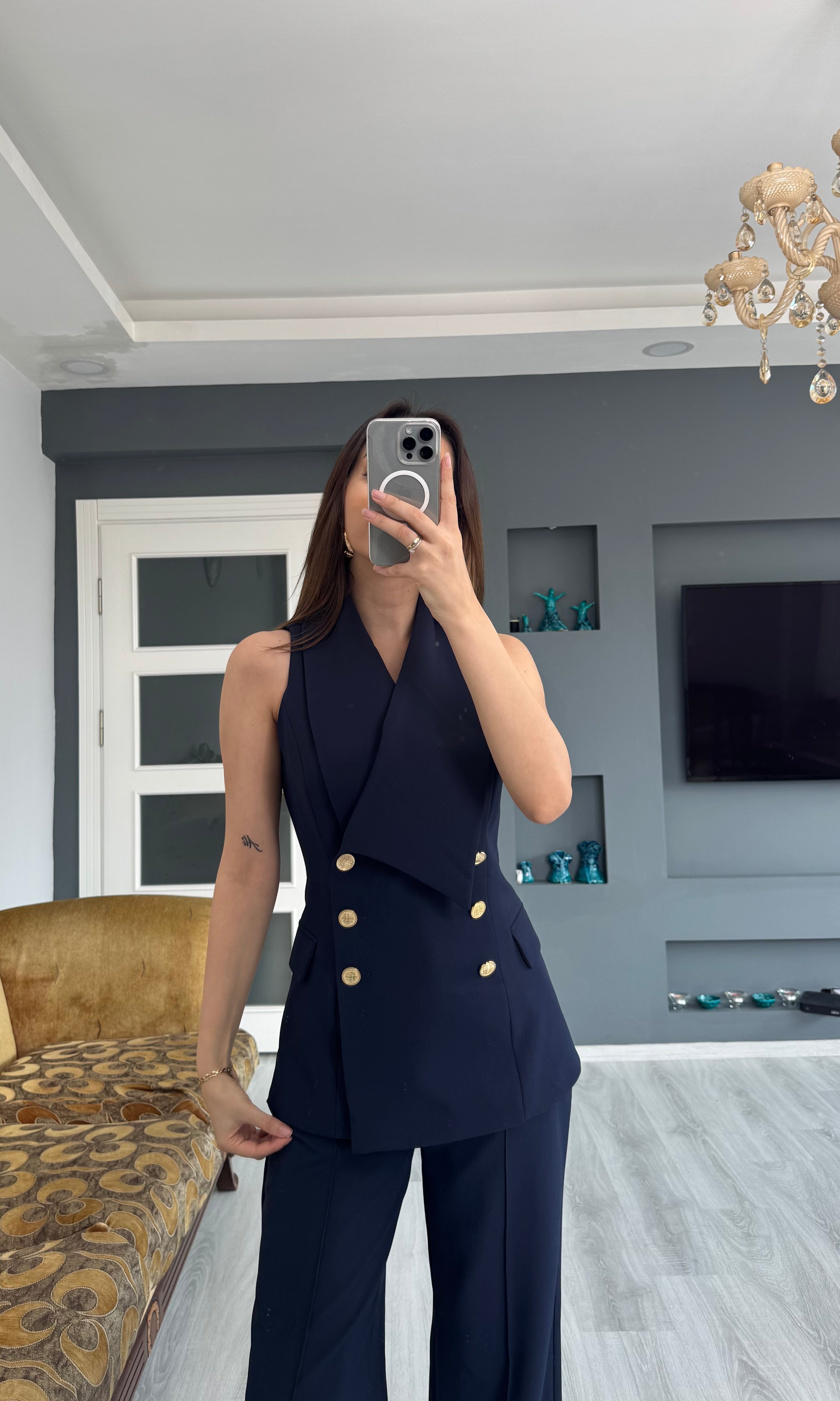 Gold Düğmeli Yelek Pantolon Takım - LACİVERT
