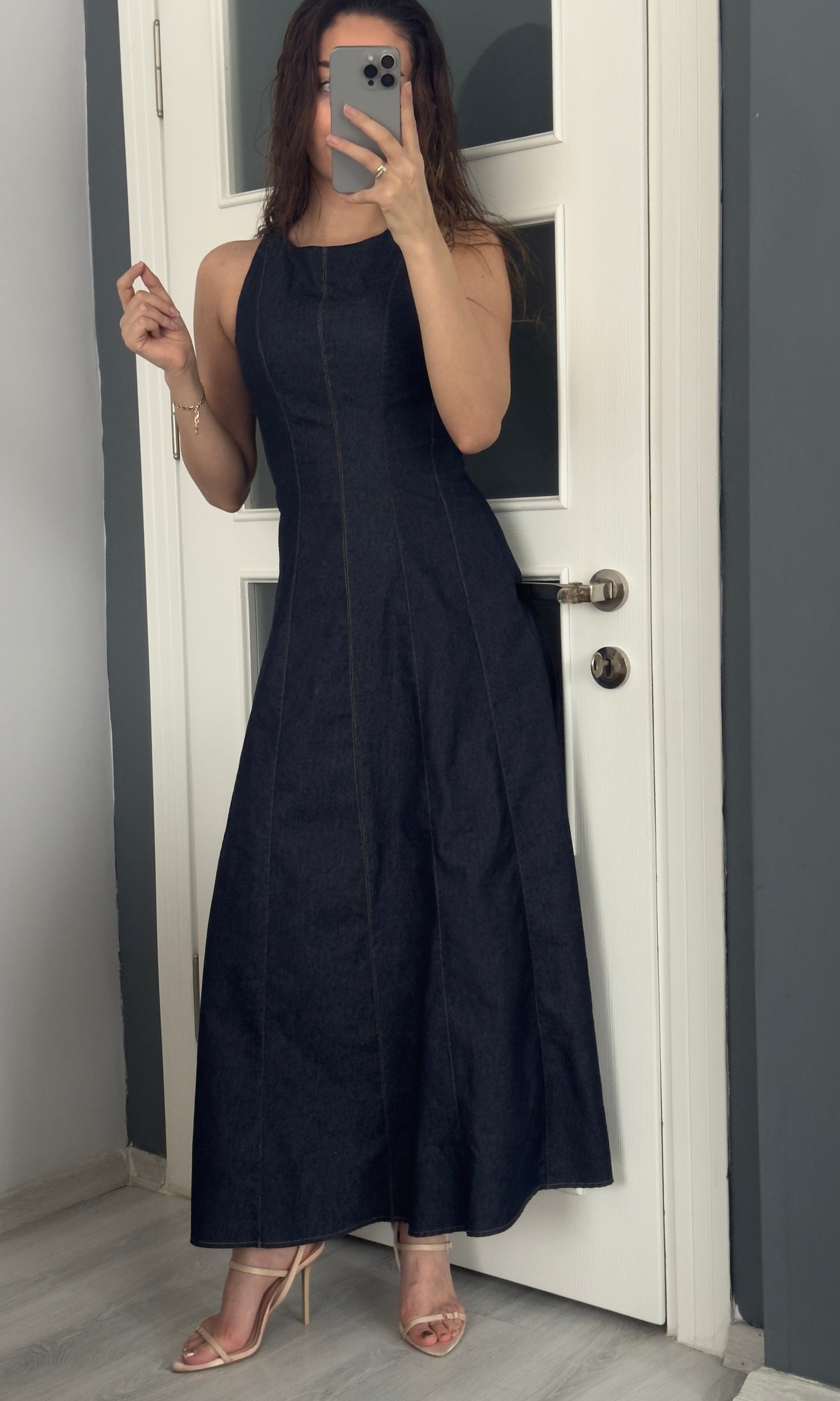 Kolsuz Denim Elbise - LACİVERT