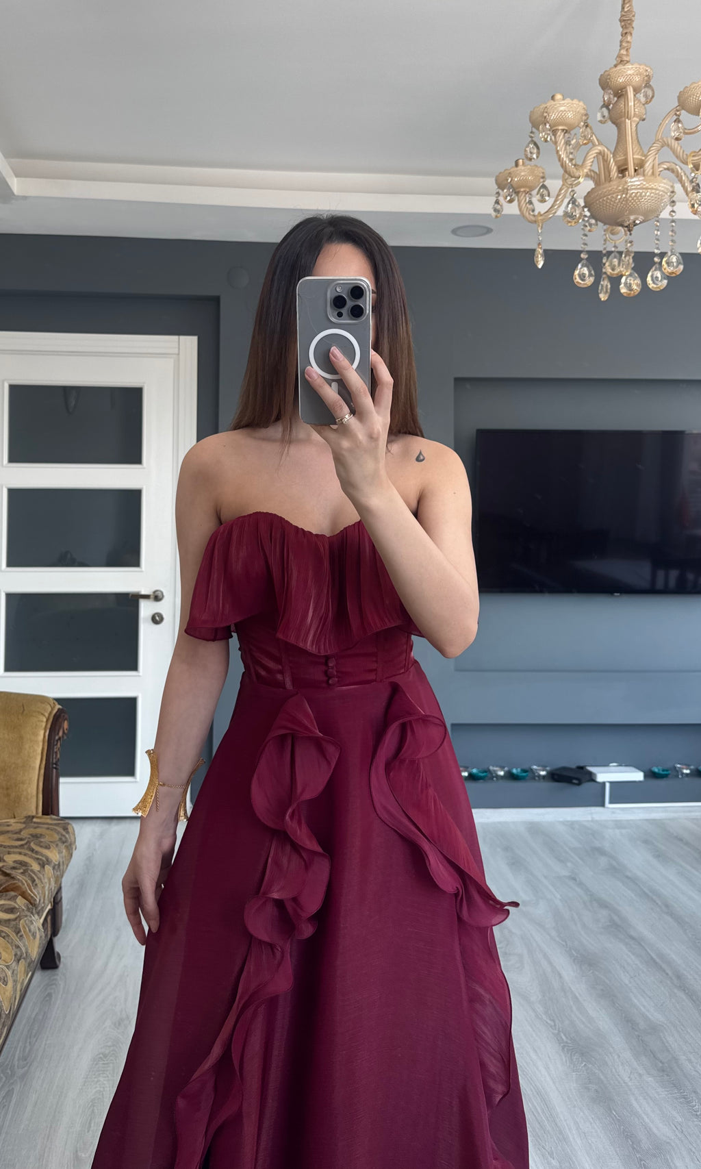 Volanlı Bordo Abiye