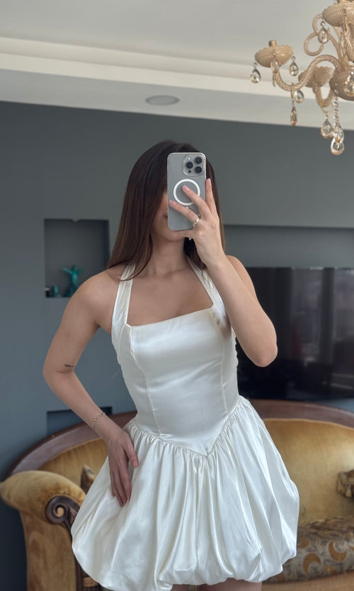 Balon Etekli Mini Saten Elbise - BEYAZ