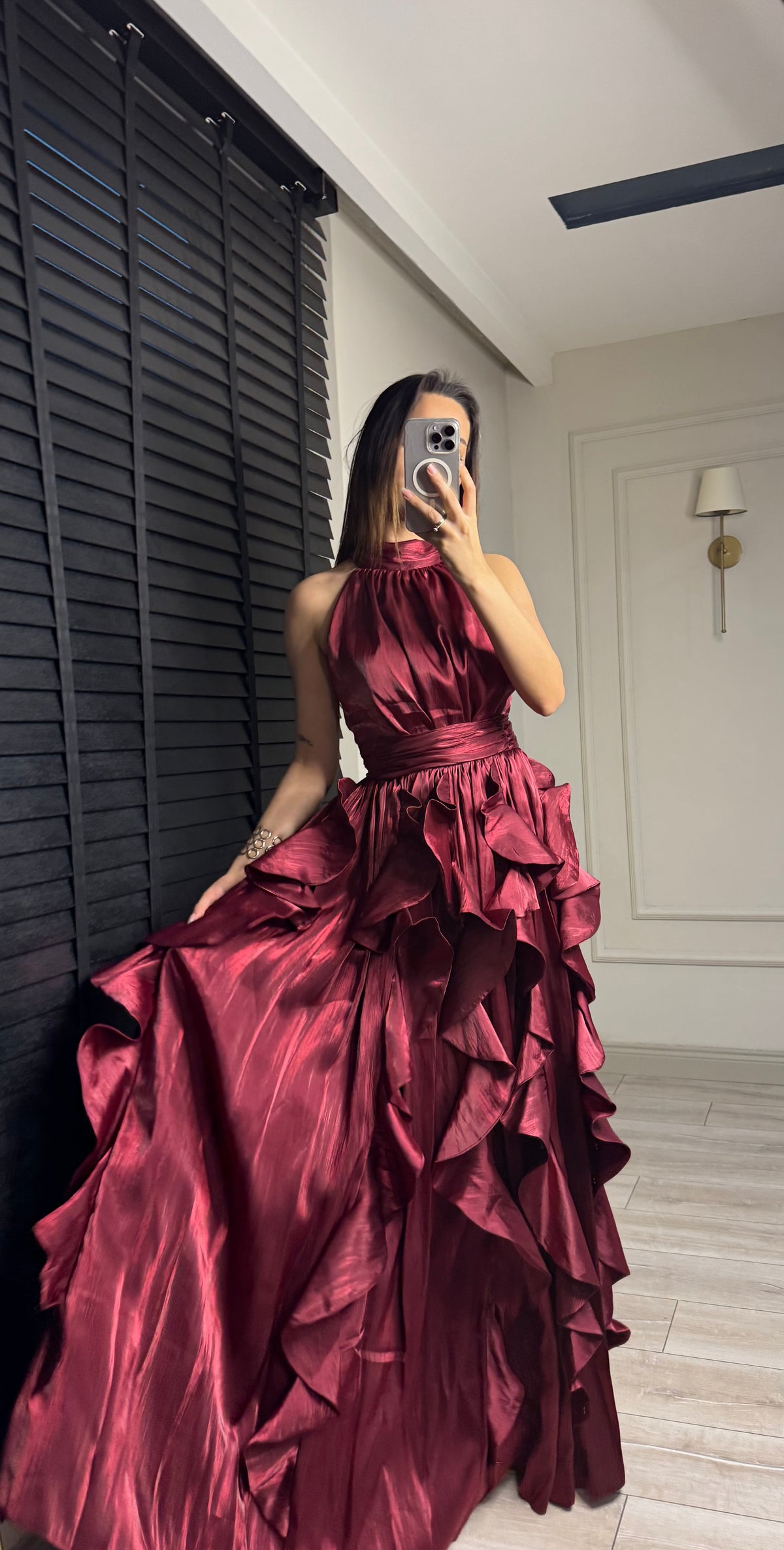 Halter Yaka Volanlı Vordia Abiye Bordo