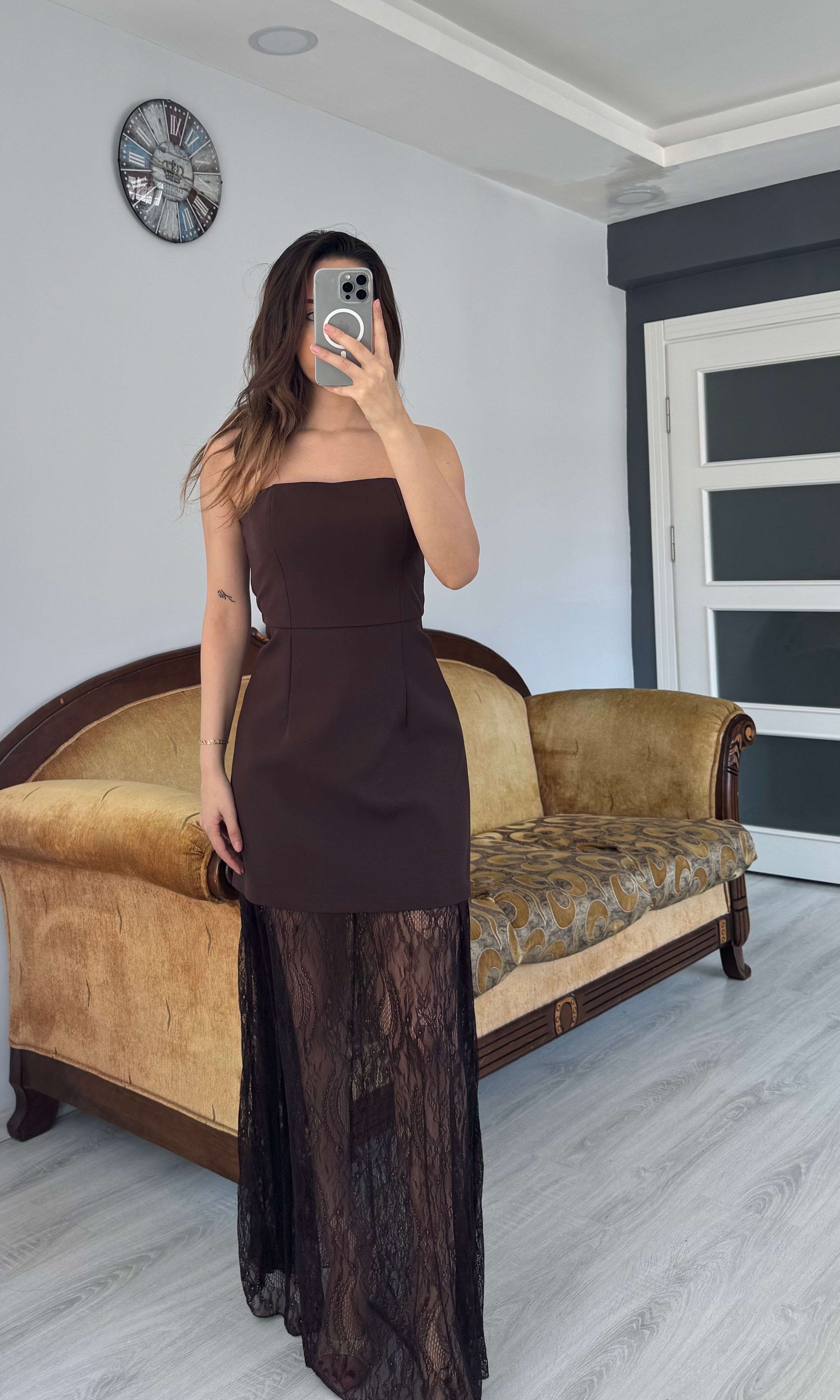 Straplez Dantelli Elbise - KAHVERENGİ