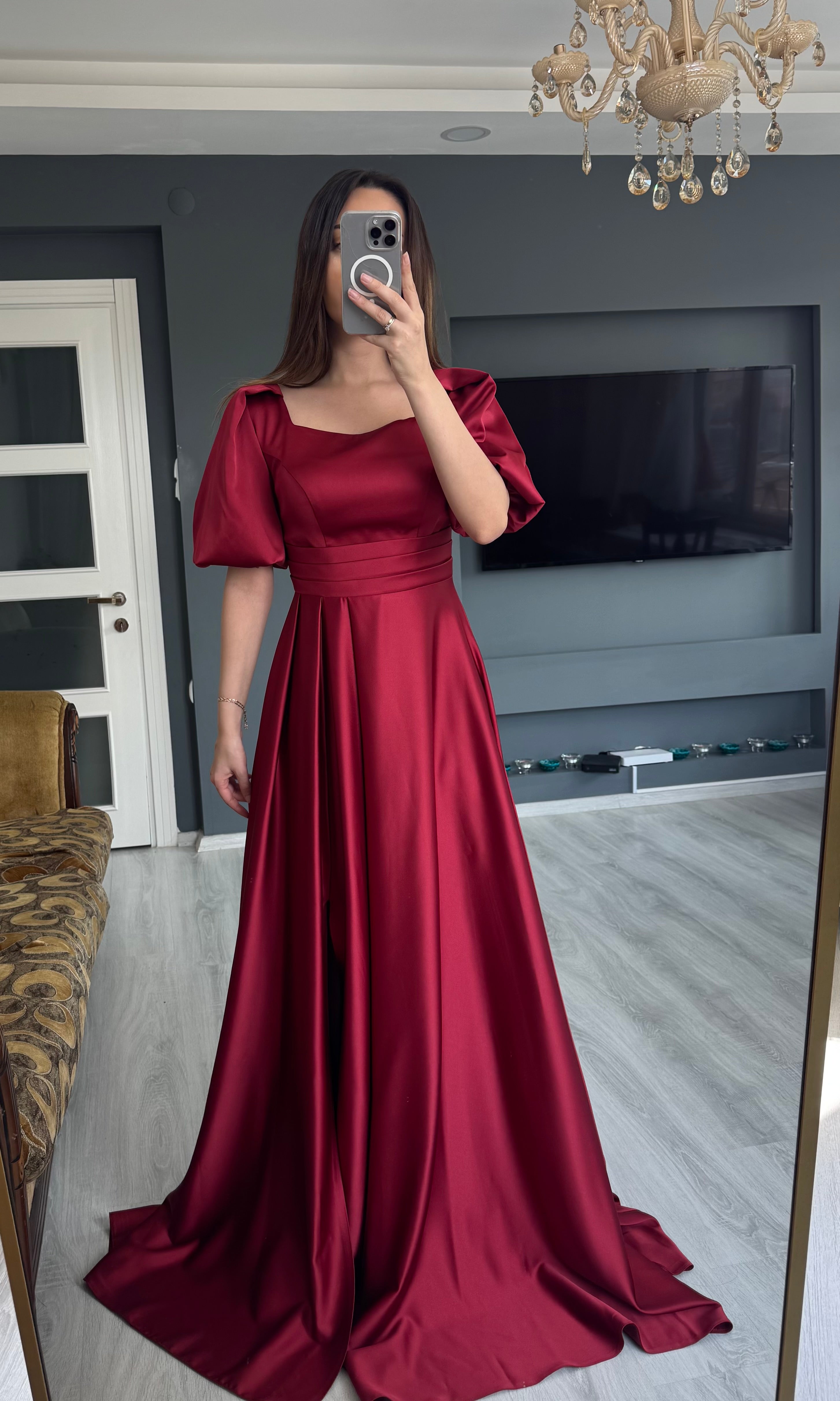 Balon Kol Saten Uzun Abiye - BORDO