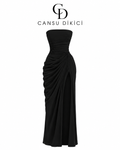 Sırtı Korseli Komple Drape Detaylı Yırtmaçlı Diva Dress Abiye - SİYAH
