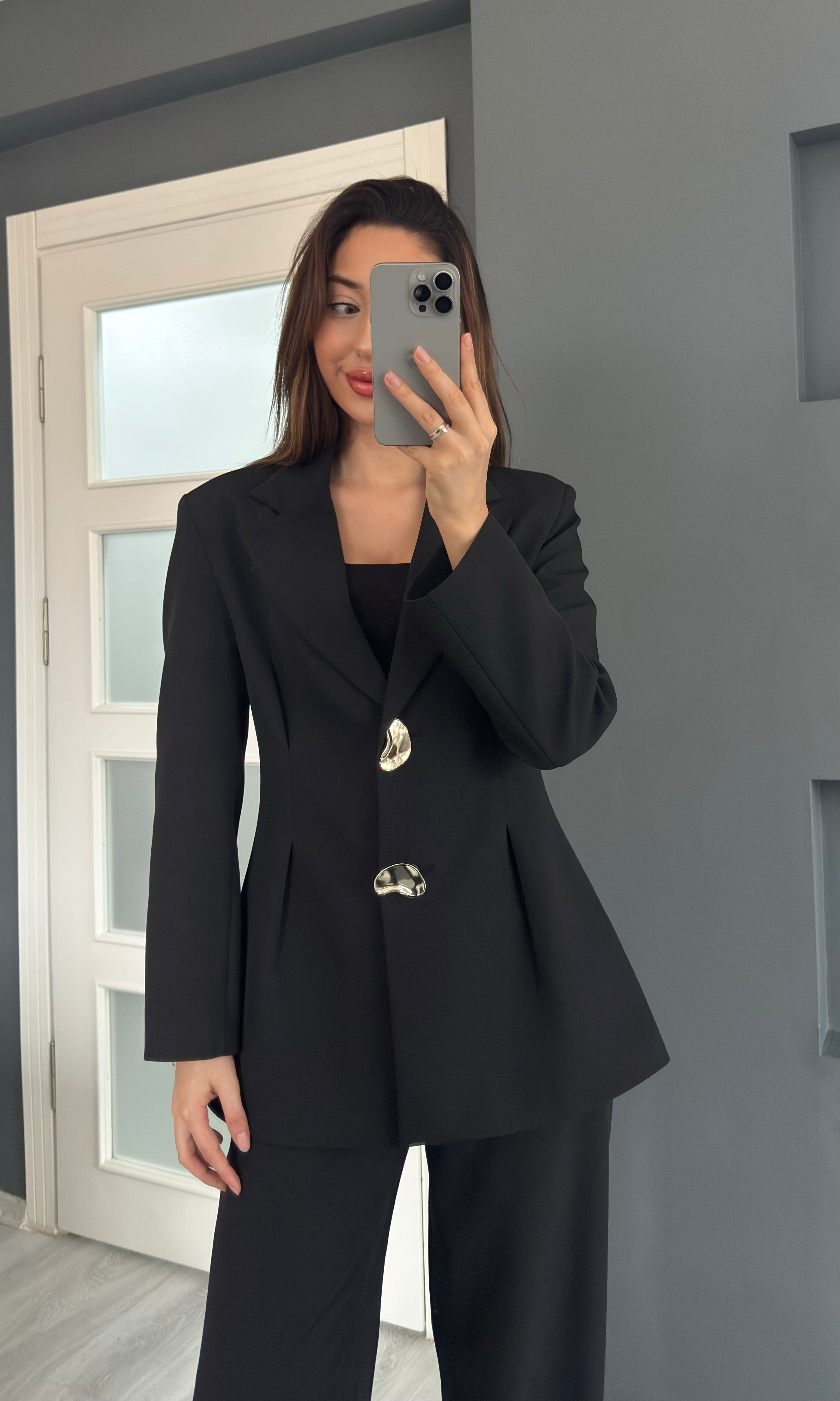 Belden Oturtmalı Blazer Pantolon Takım - SİYAH