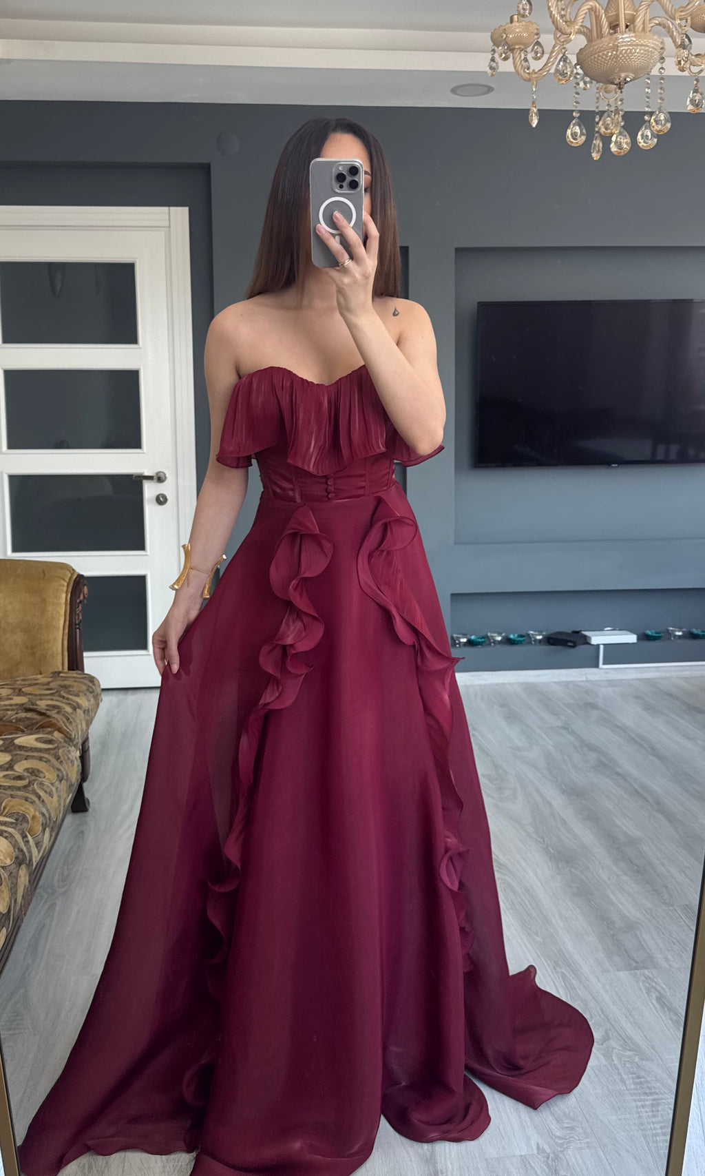 Volanlı Bordo Abiye