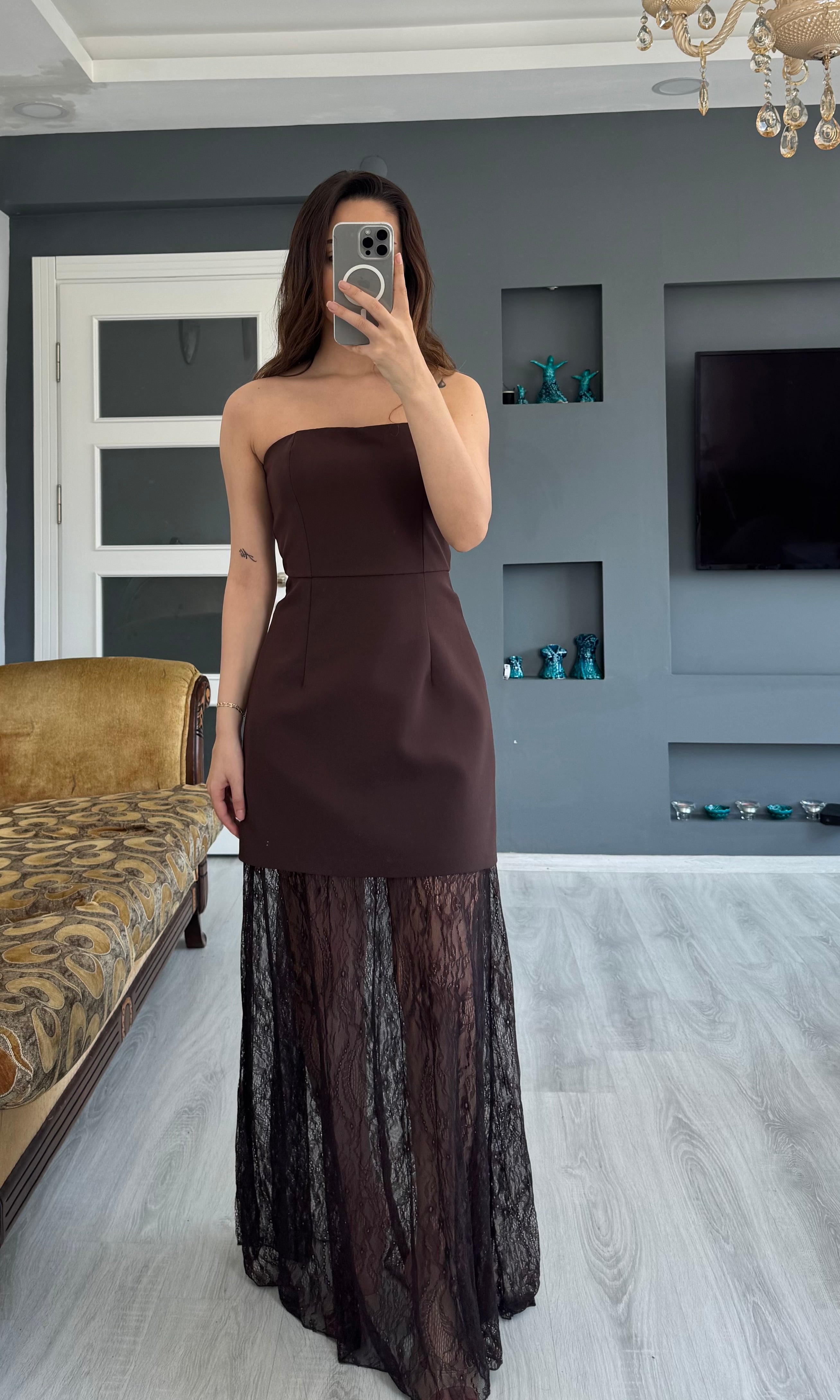 Straplez Dantelli Elbise - KAHVERENGİ