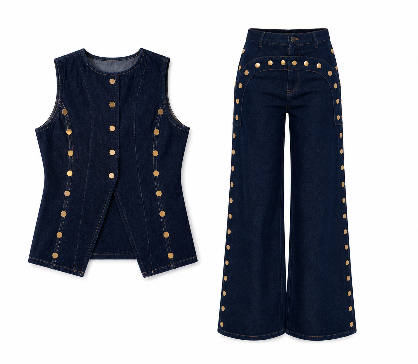 Gold Düğmeli Yelekli Denim Takım