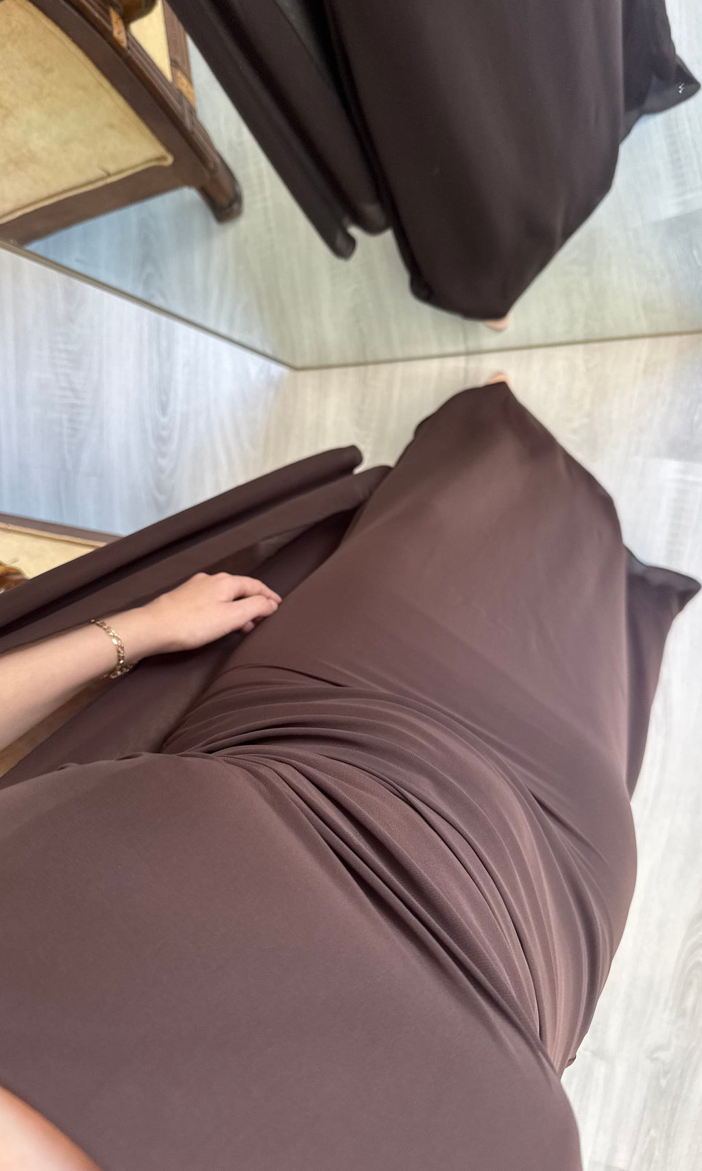 Straplez Drape Detay Fularlı Kahve Uzun Abiye