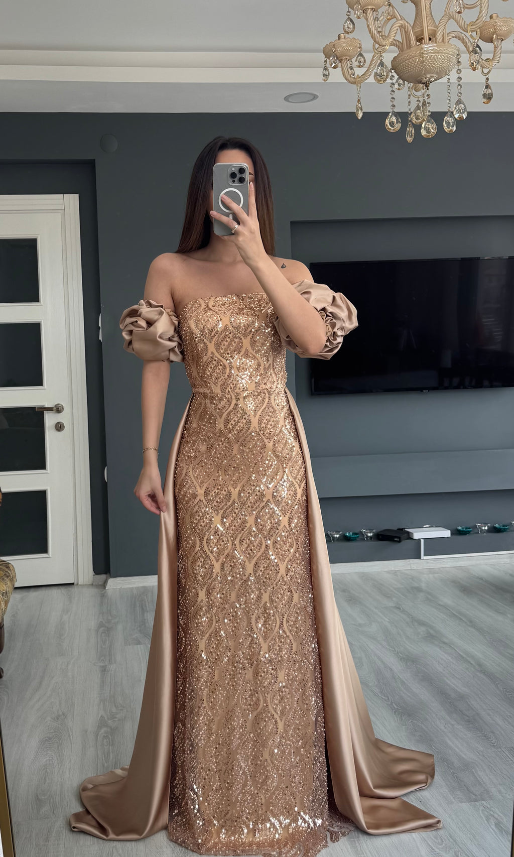 Saten Kuyruklu Taşlı Abiye Gold