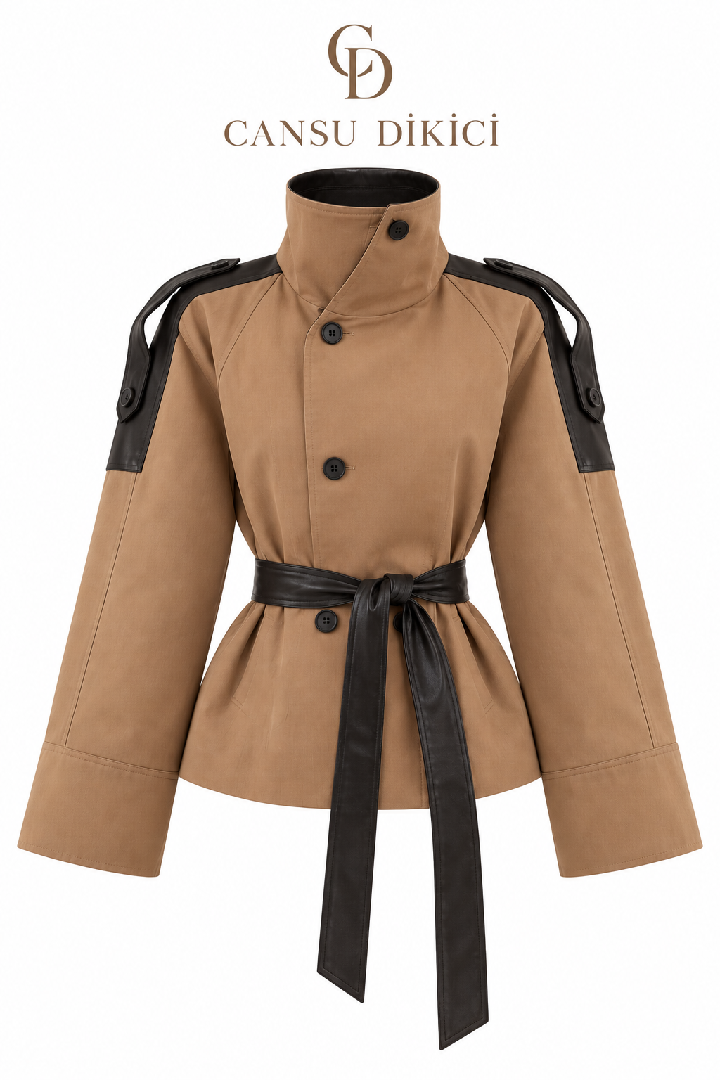 Deri Detaylı Kısa Premium Trench
