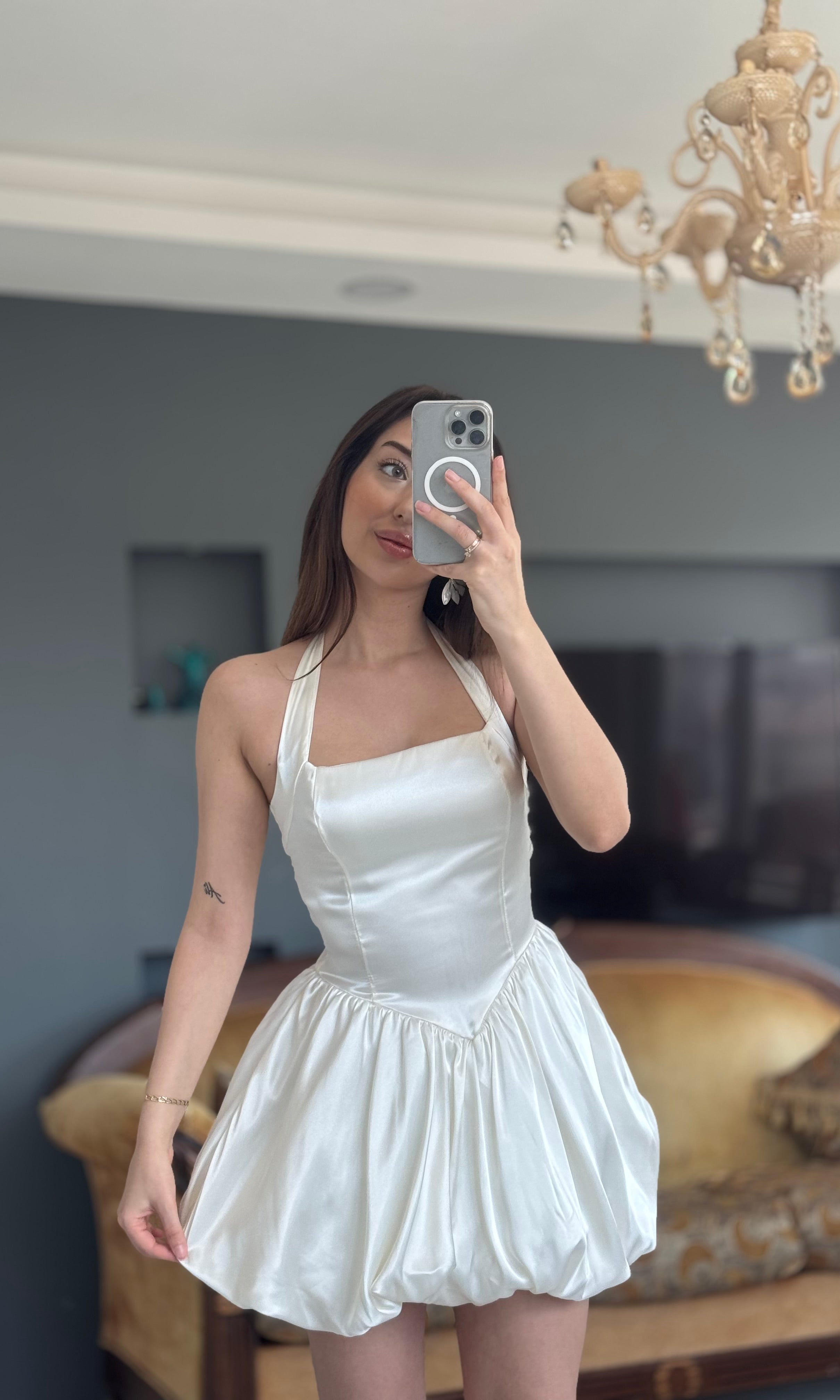 Balon Etekli Mini Saten Elbise - BEYAZ