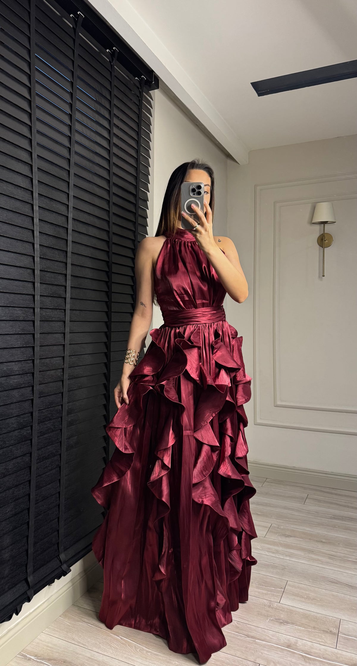 Halter Yaka Volanlı Vordia Abiye Bordo