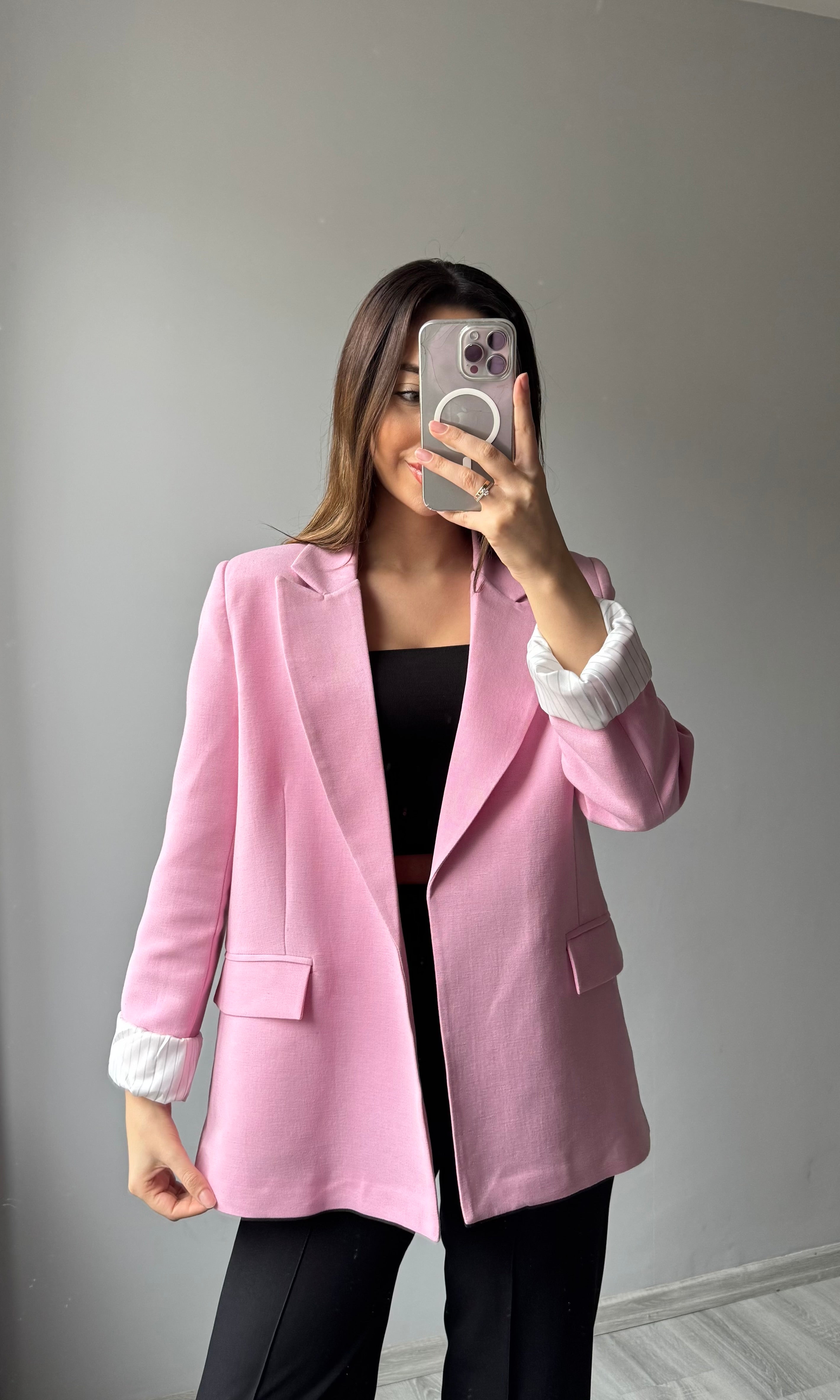 Keten Blazer Ceket - Pembe