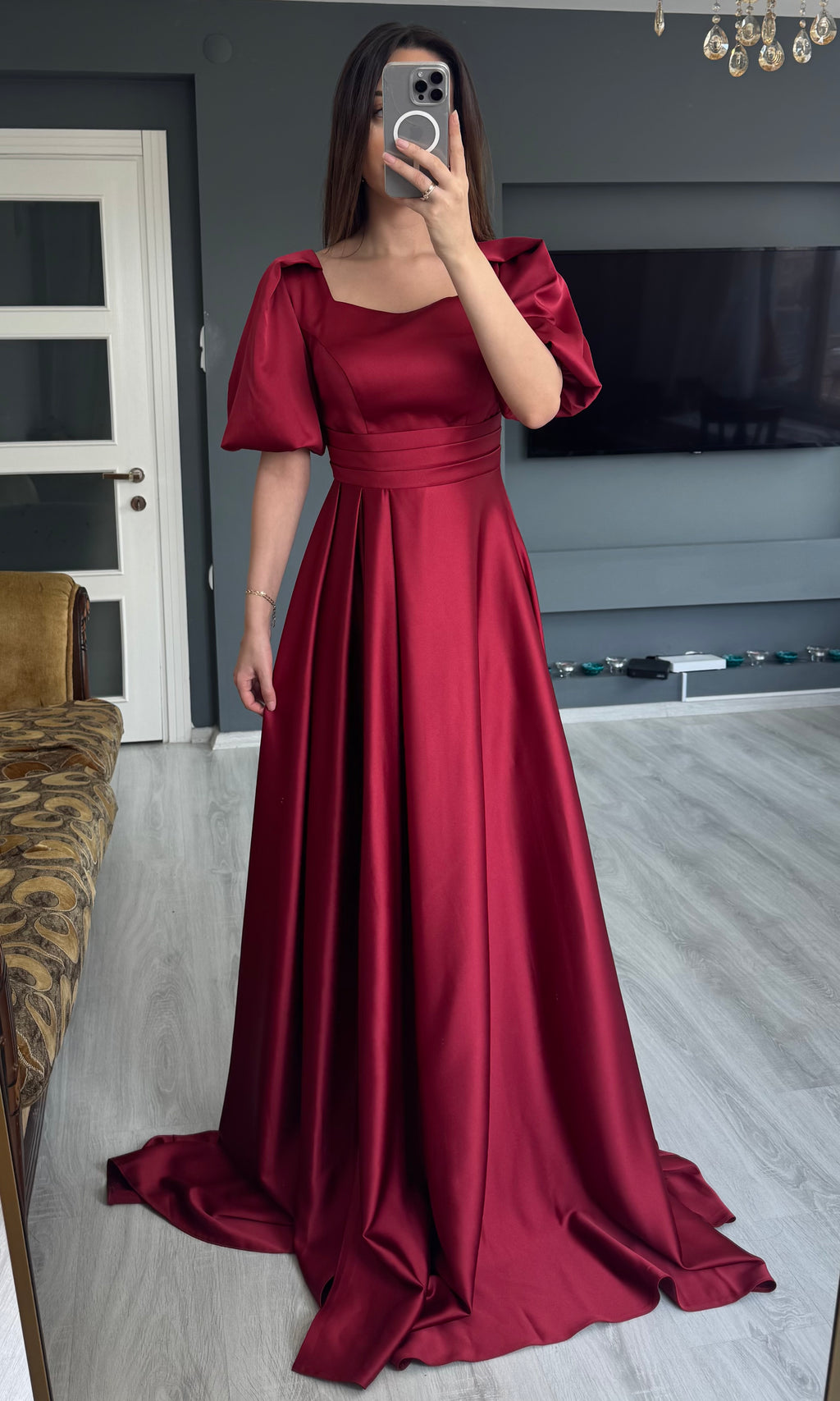 Balon Kol Saten Uzun Abiye - BORDO