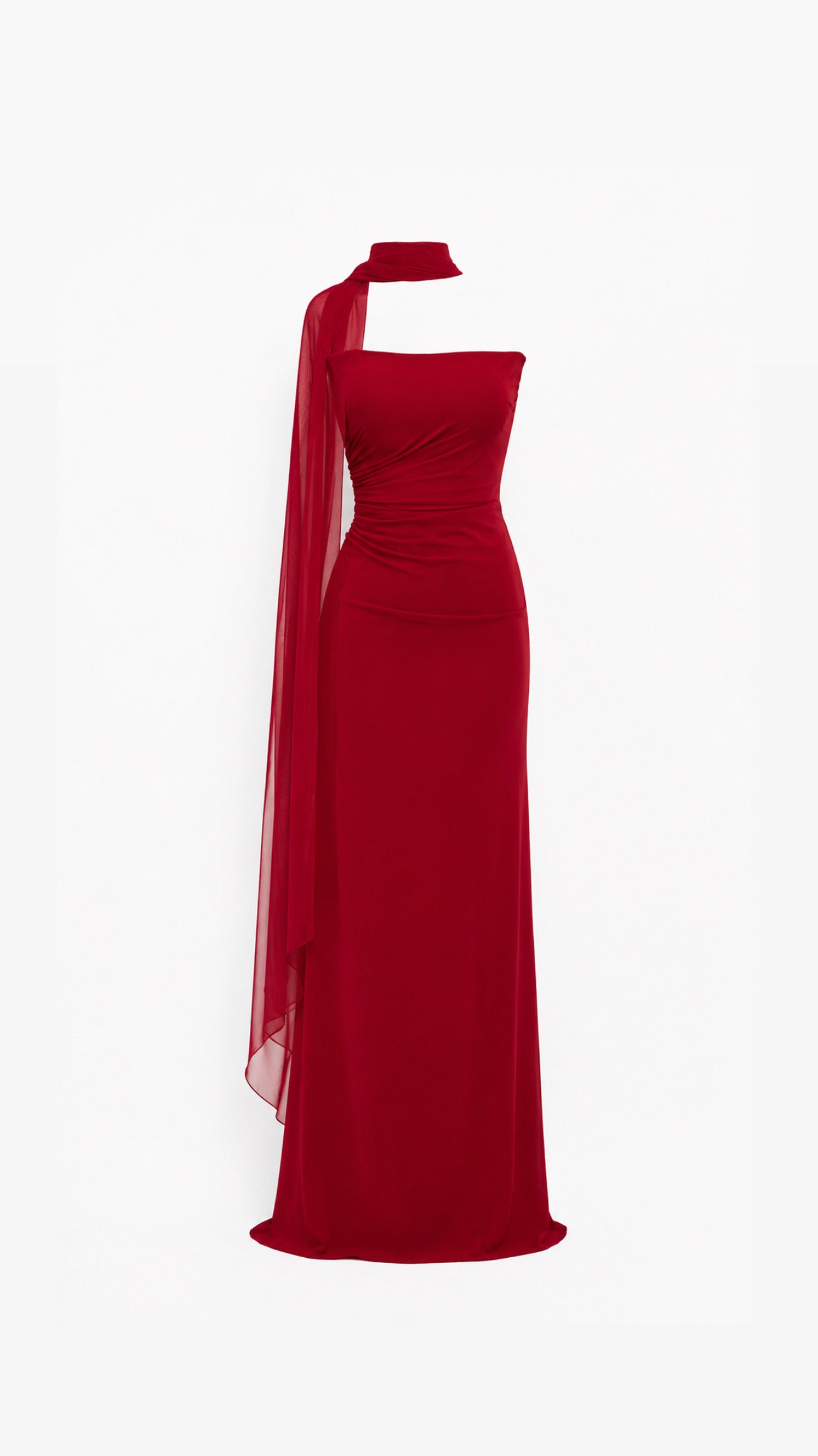 Straplez Drape Detay Fularlı Kırmızı Uzun Abiye