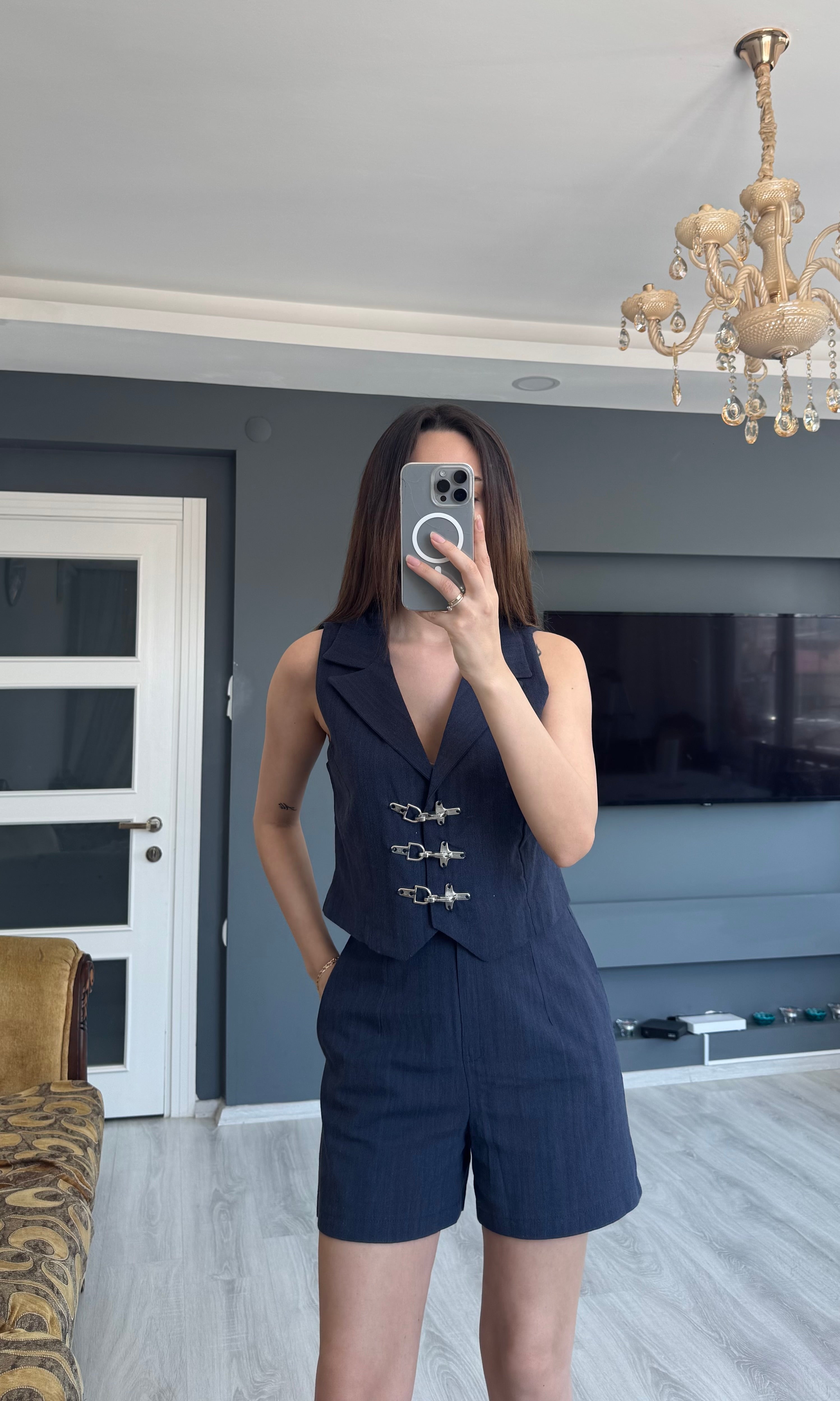 Kancalı Yelek Şort Takım Keten - Lacivert