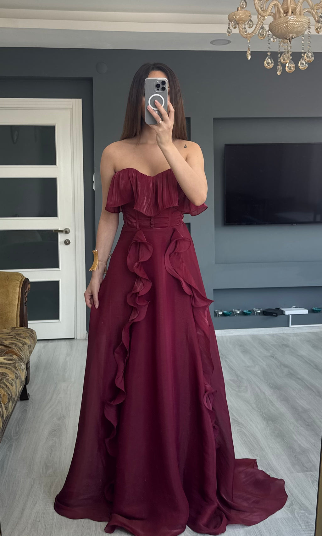 Volanlı Bordo Abiye