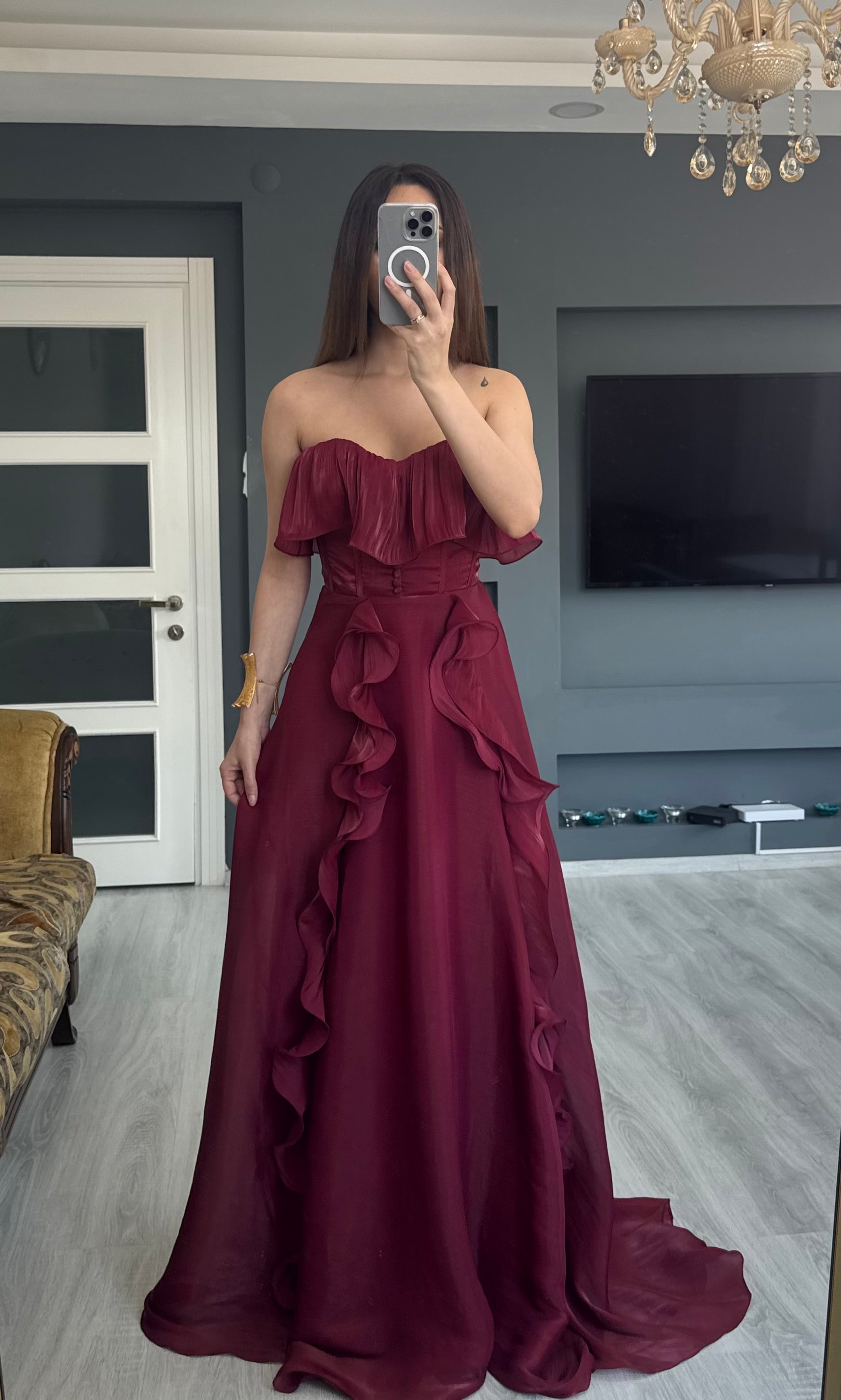 Volanlı Bordo Abiye