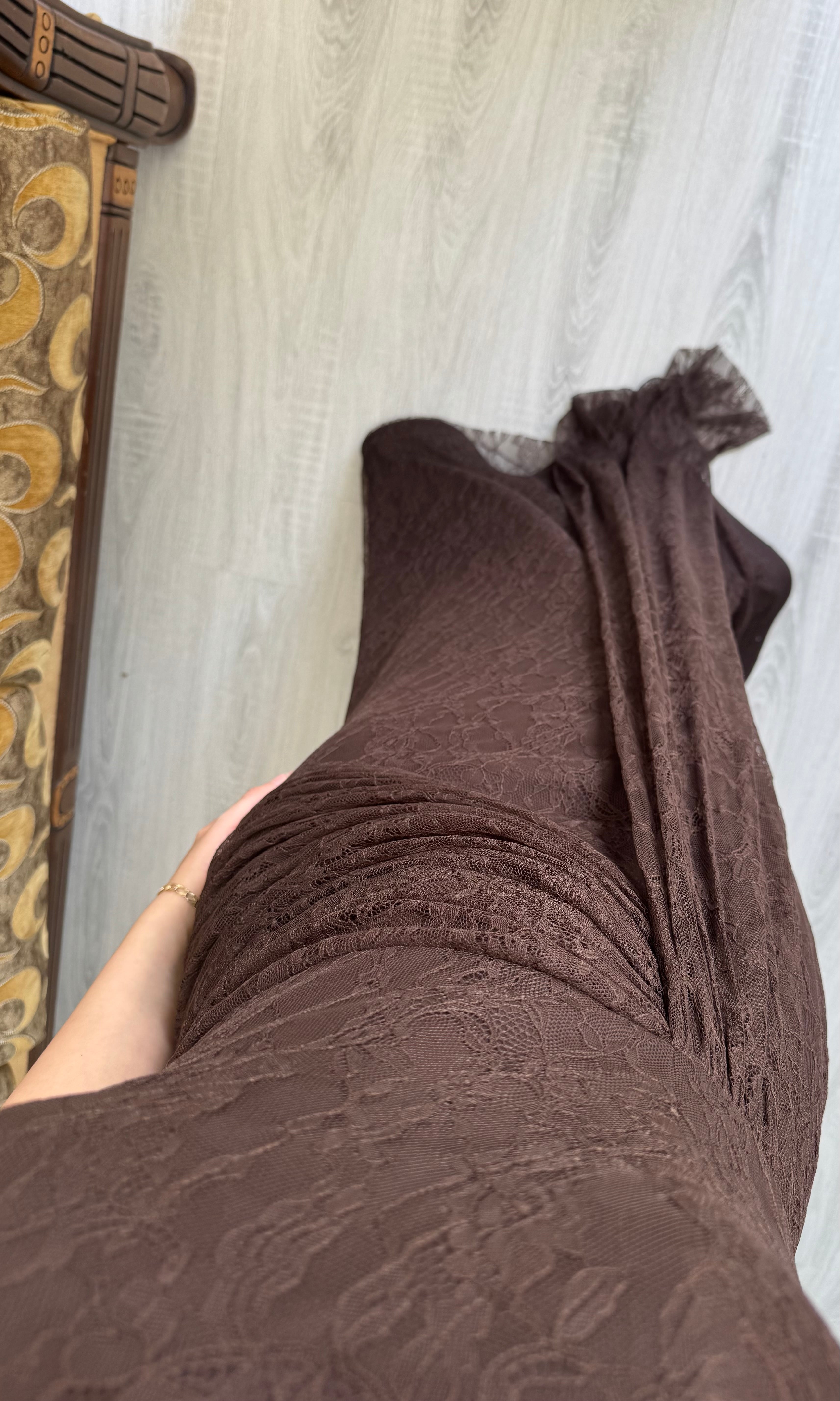 Kalp Yaka Drapeli Dantel Abiye - KAHVE