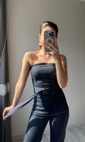 Straplez Kemer Detaylı Likralı Denim Takım