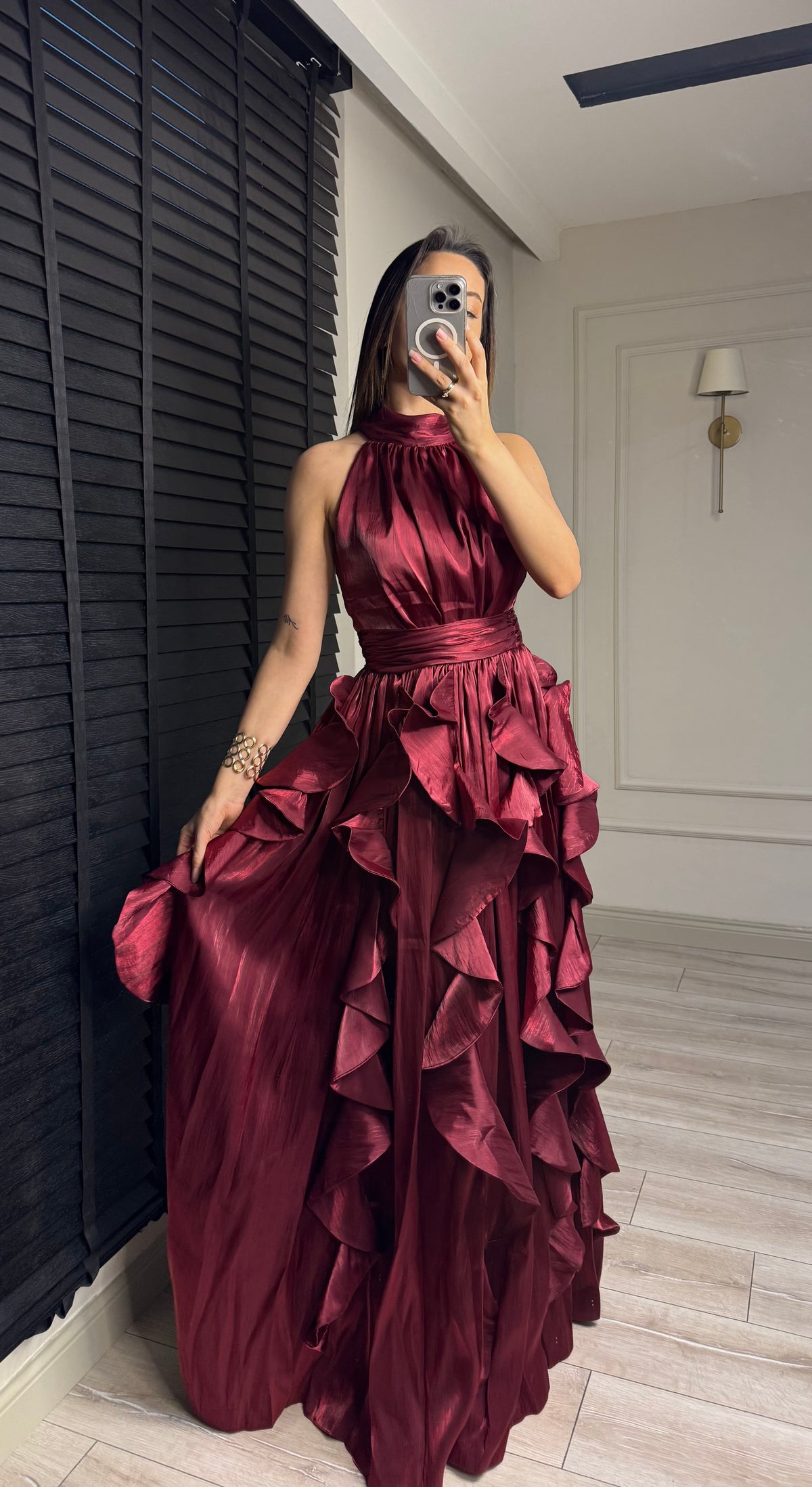 Halter Yaka Volanlı Vordia Abiye Bordo