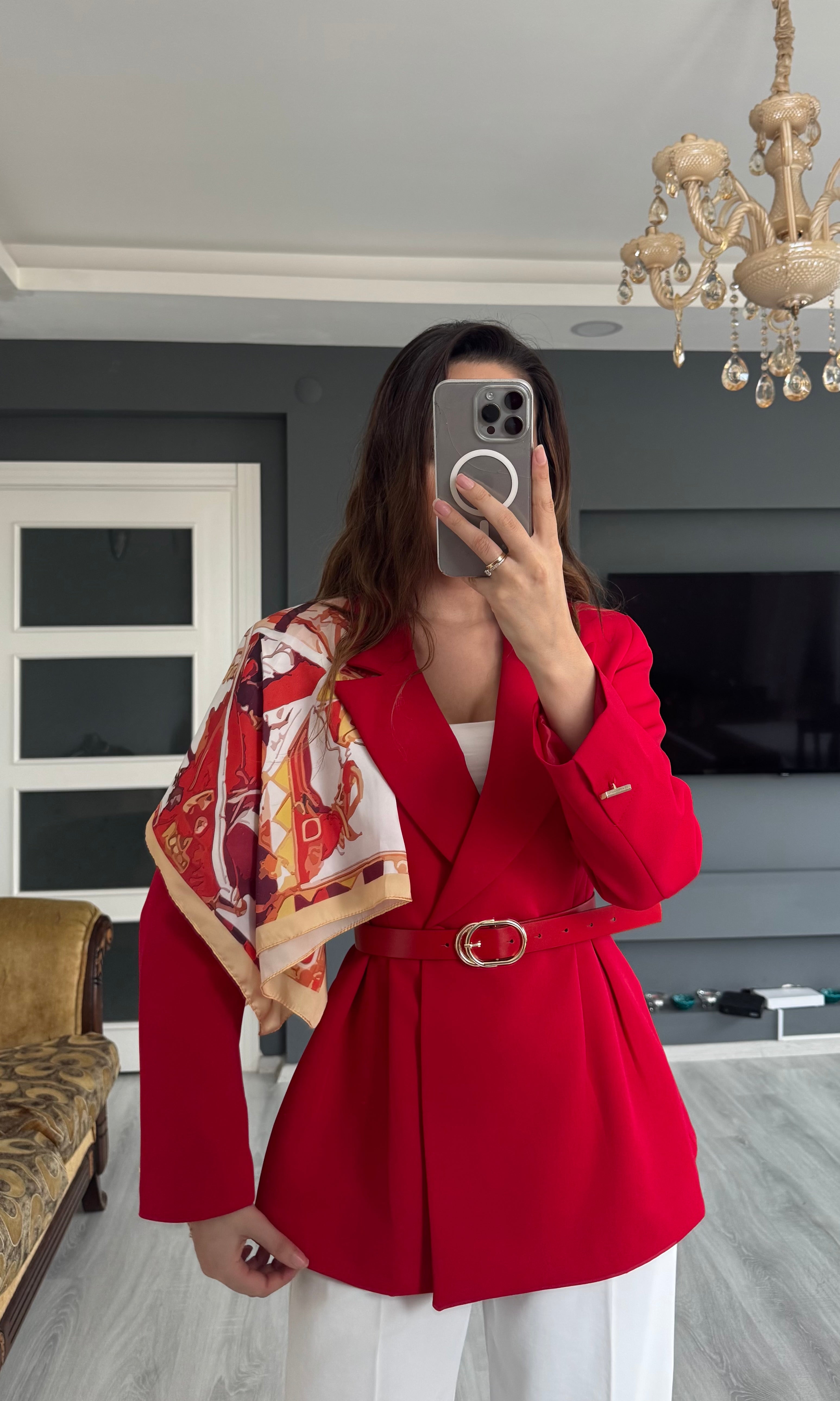 Kemerli Fular Detaylı Blazer Ceket - Kırmızı