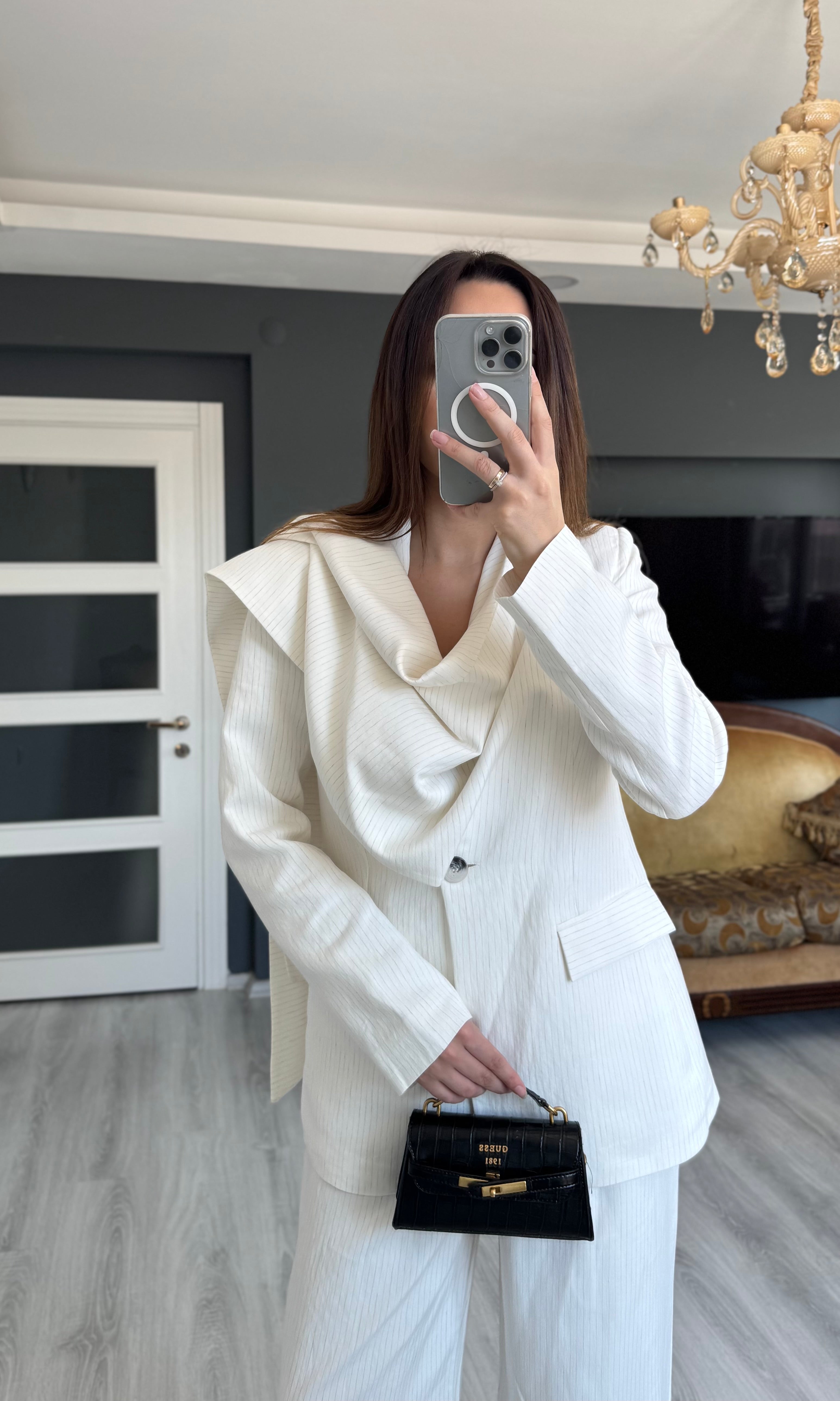 Çizgili Şal Detaylı Blazer Pantolon Takım Premium Kalite - BEYAZ