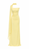 Straplez Drape Detay Fularlı Pastel Sarı Uzun Abiye