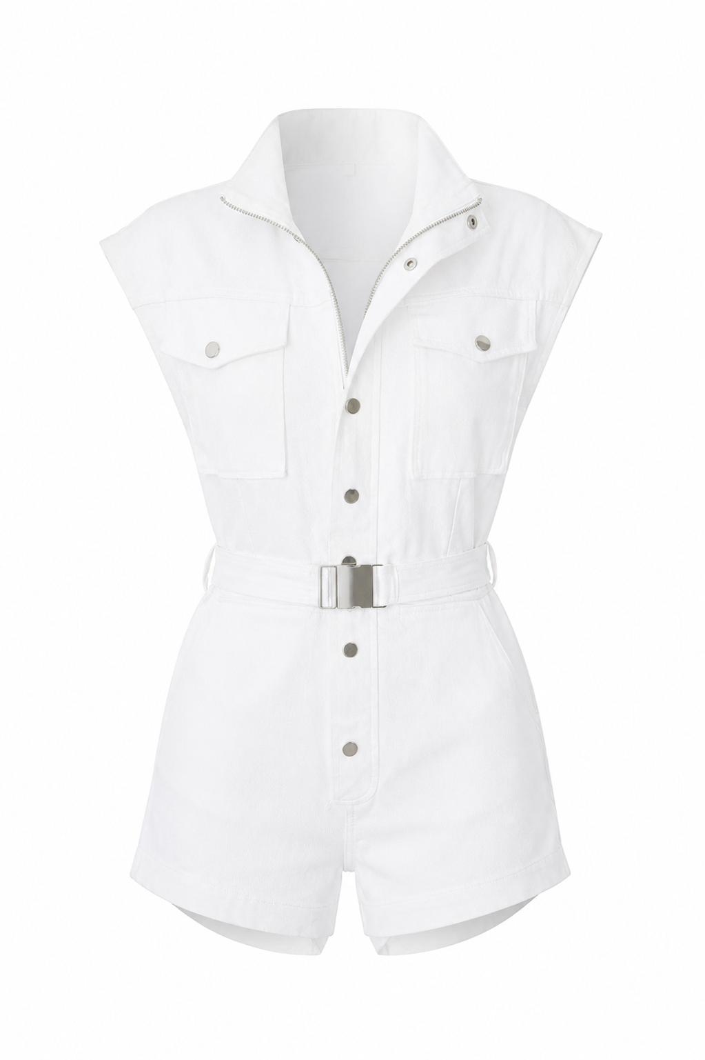 Beyaz Kemerli Denim Şort Tulum