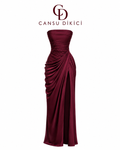 Sırtı Korseli Komple Drape Detaylı Fularlı Diva Dress Abiye - BORDO