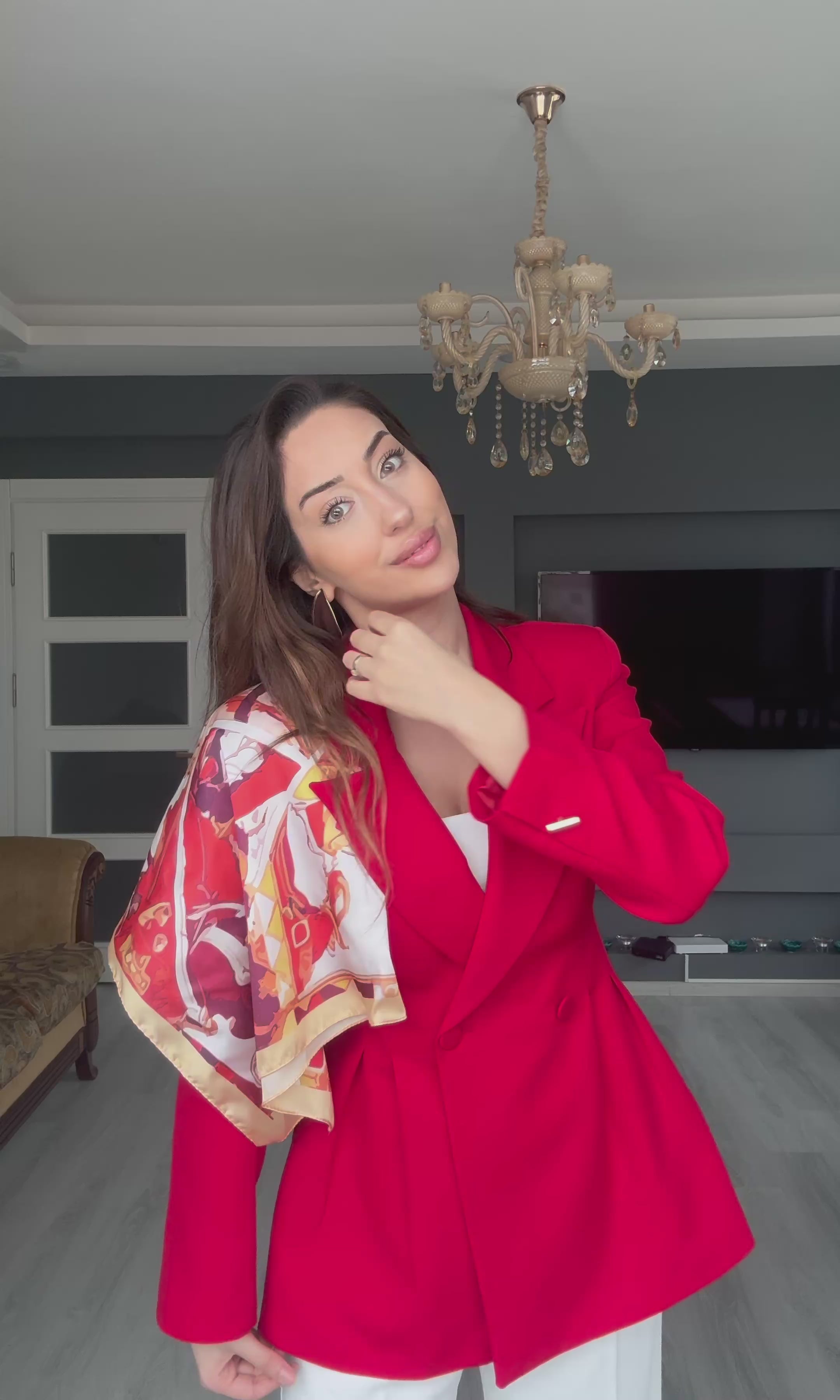Kemerli Fular Detaylı Blazer Ceket - Kırmızı