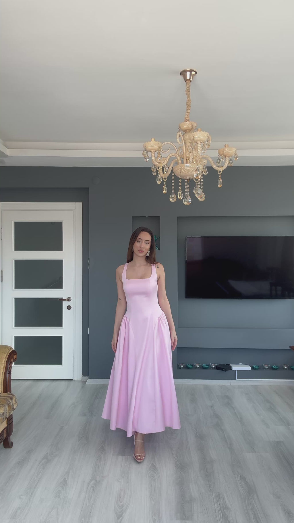 Saten Bel Büzgülü Selene Elbise - PEMBE