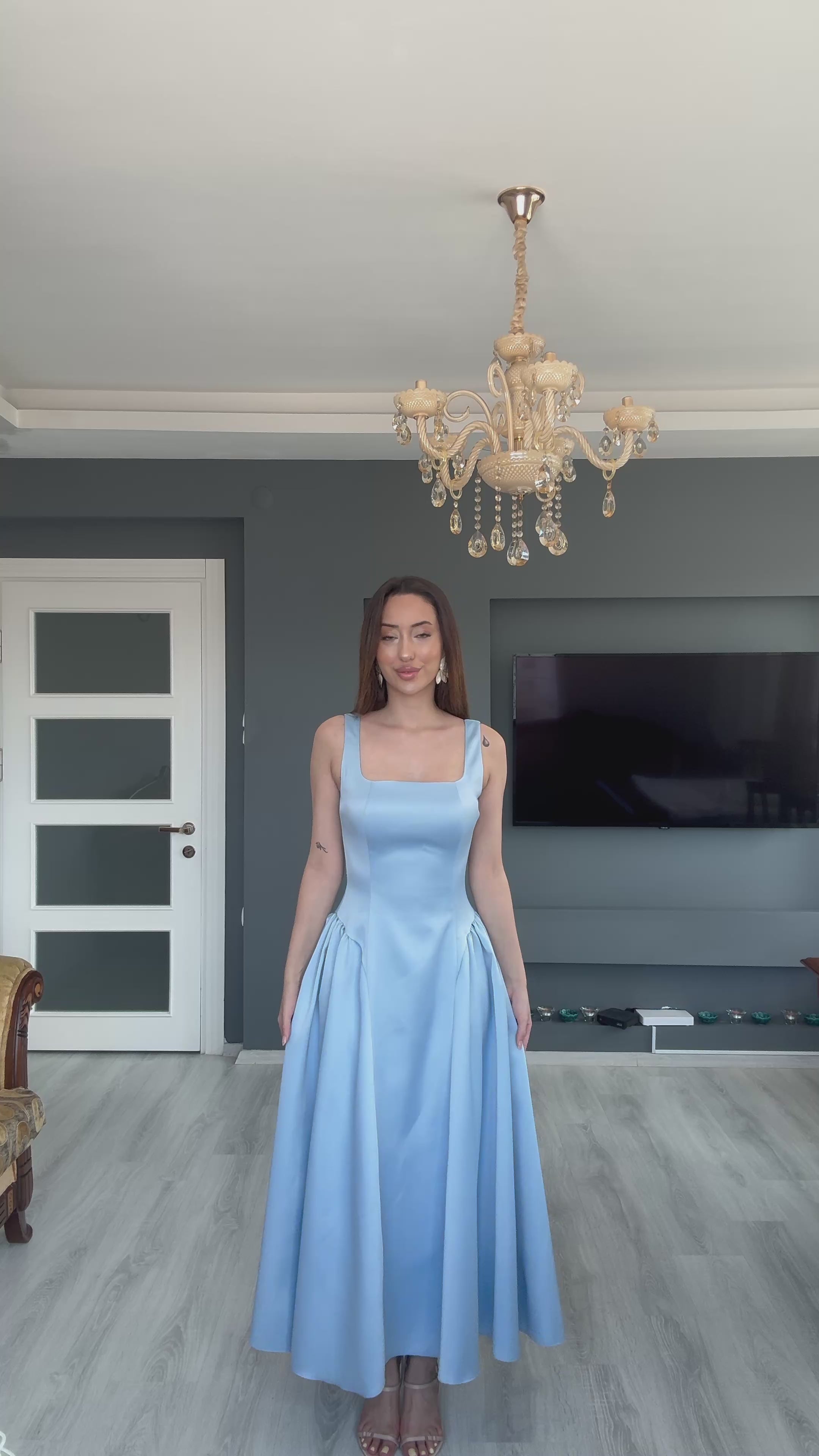 Saten Bel Büzgülü Selene Elbise - BEBE MAVİSİ