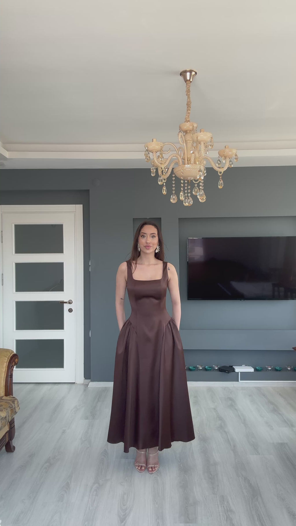 Saten Bel Büzgülü Selene Elbise - KAHVERENGİ