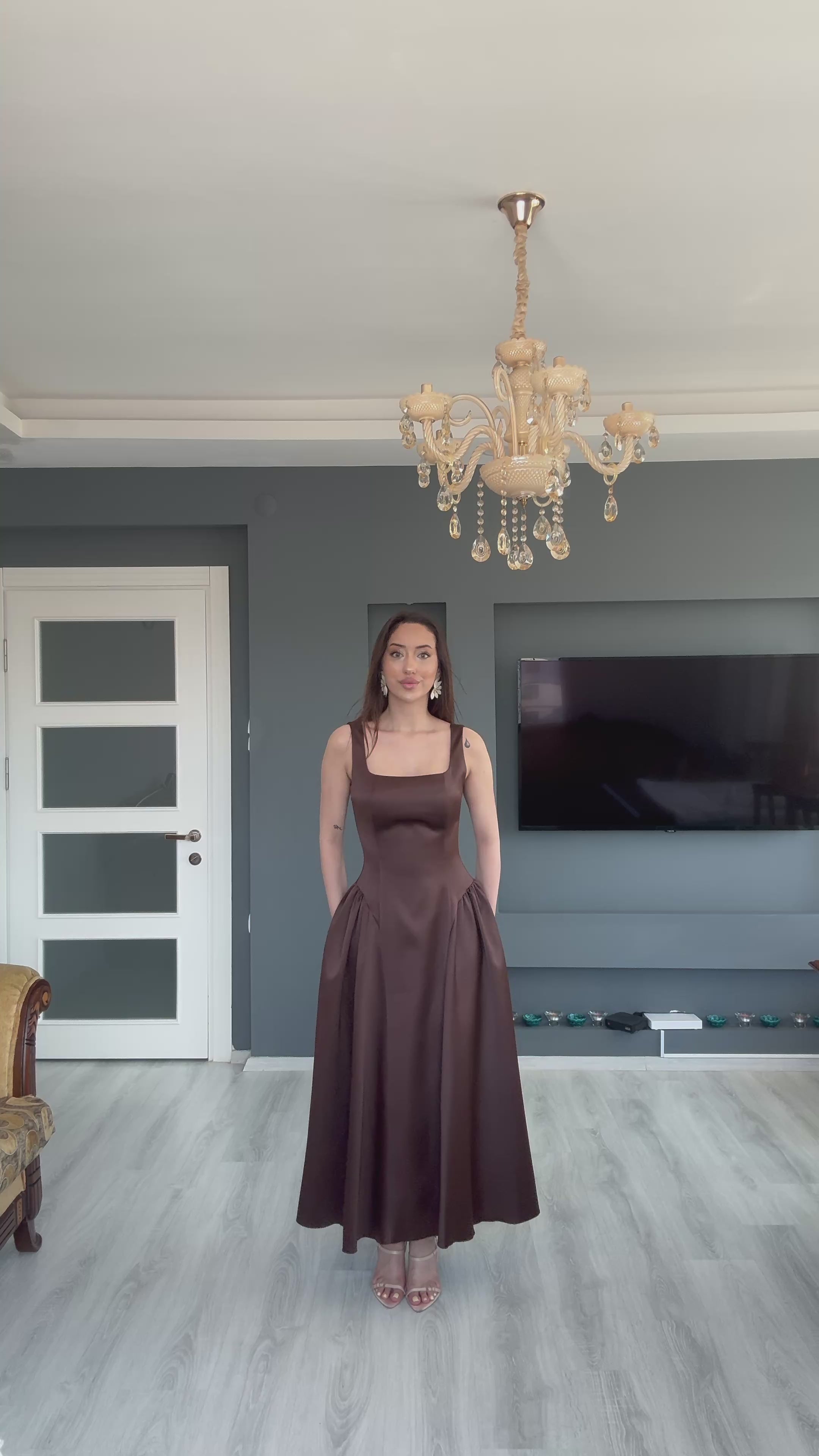 Saten Bel Büzgülü Selene Elbise - KAHVERENGİ