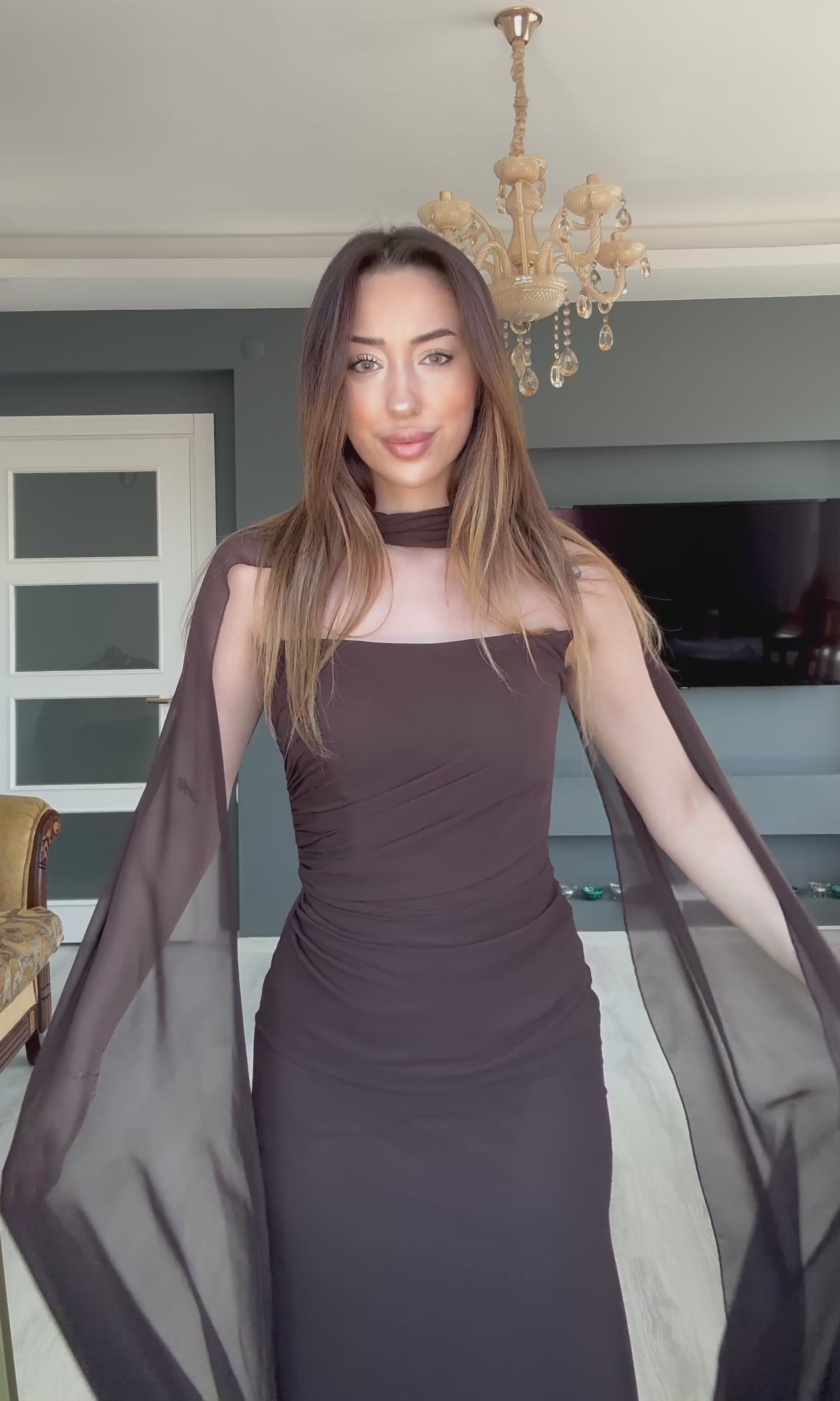 Straplez Drape Detay Fularlı Kahve Uzun Abiye