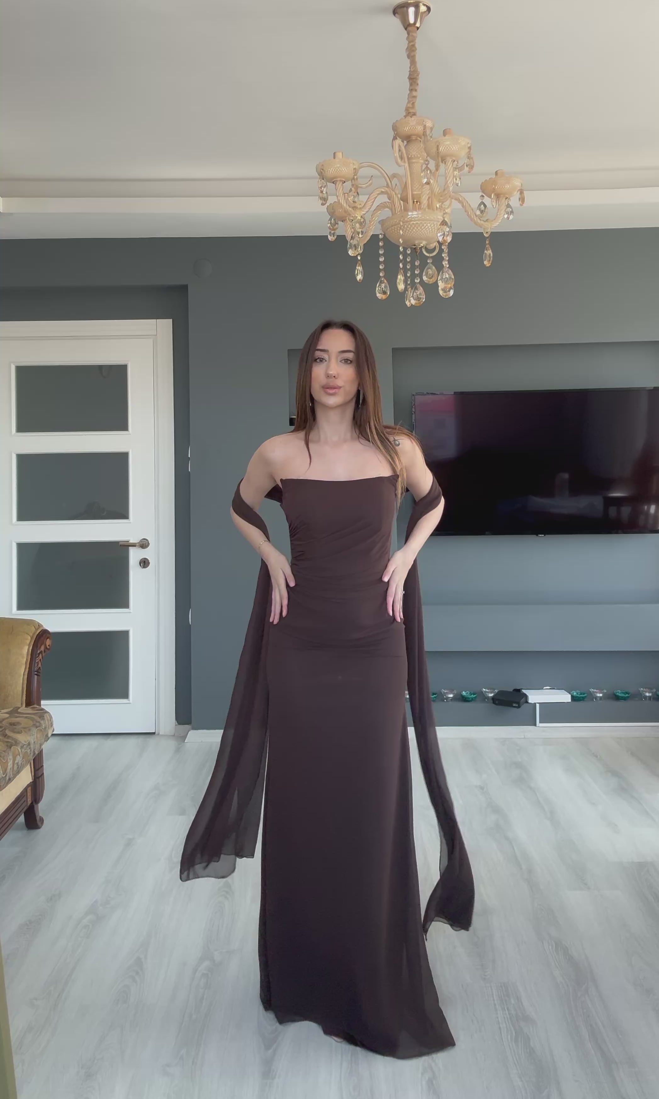 Straplez Drape Detay Fularlı Kahve Uzun Abiye